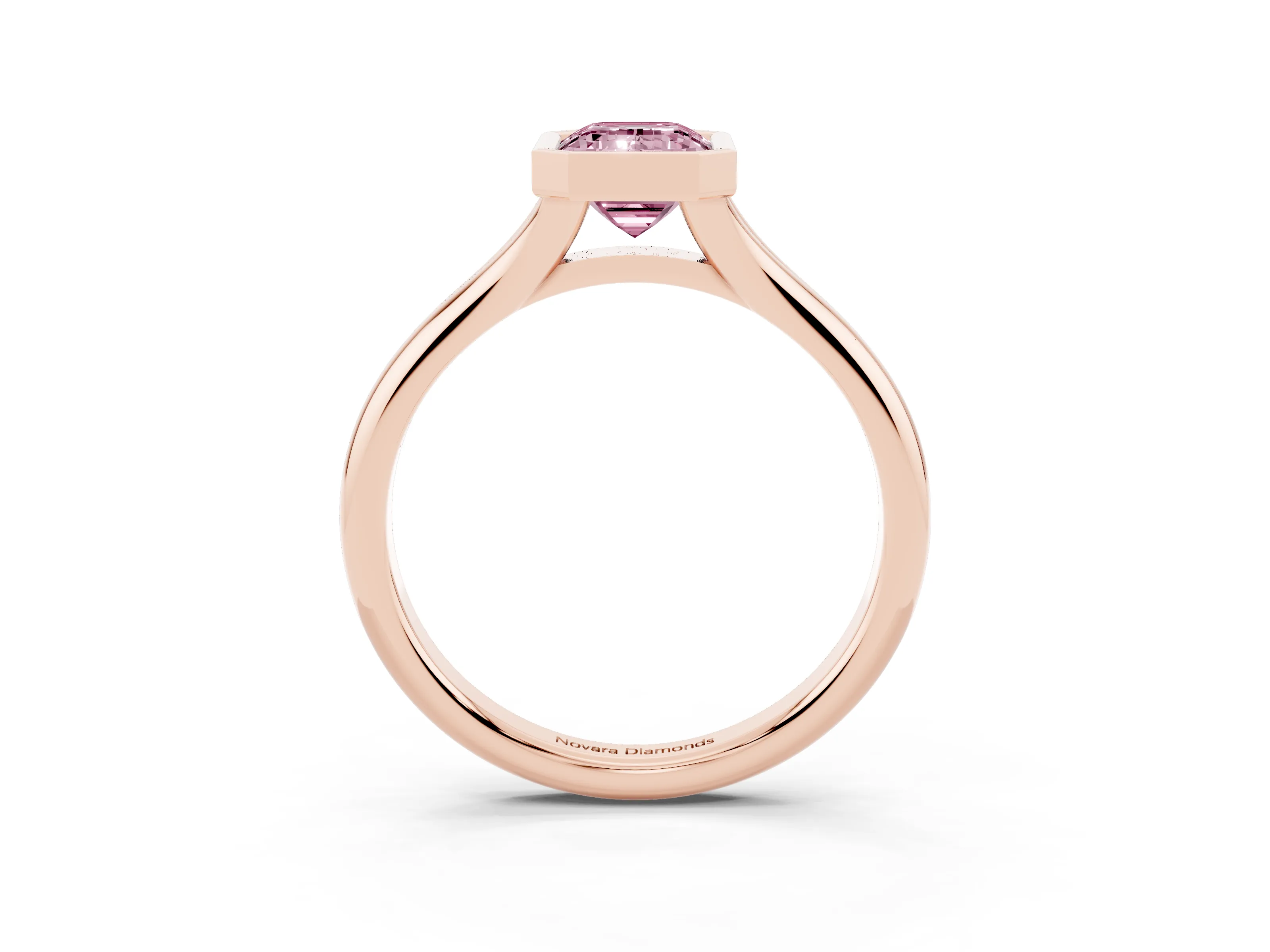 Fancy Pink Bezel Set Emerald Cut Diamond Solitaire Ring Set in Rose gold with Smooth Band