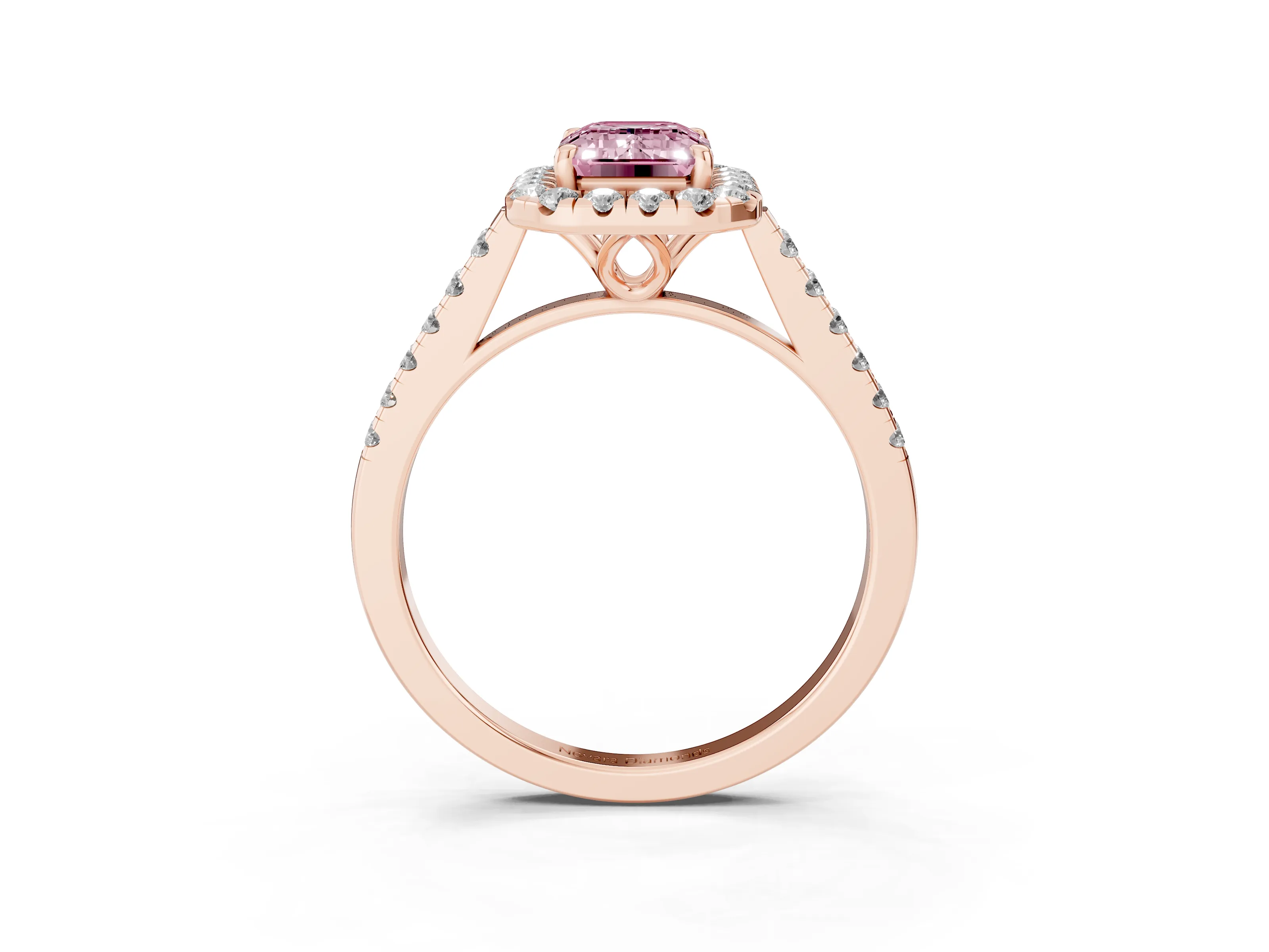 Fancy Pink Emerald Cut Diamond Pavé Halo Engagement Ring Set in Rose gold with Pavé Band and Prong Setting