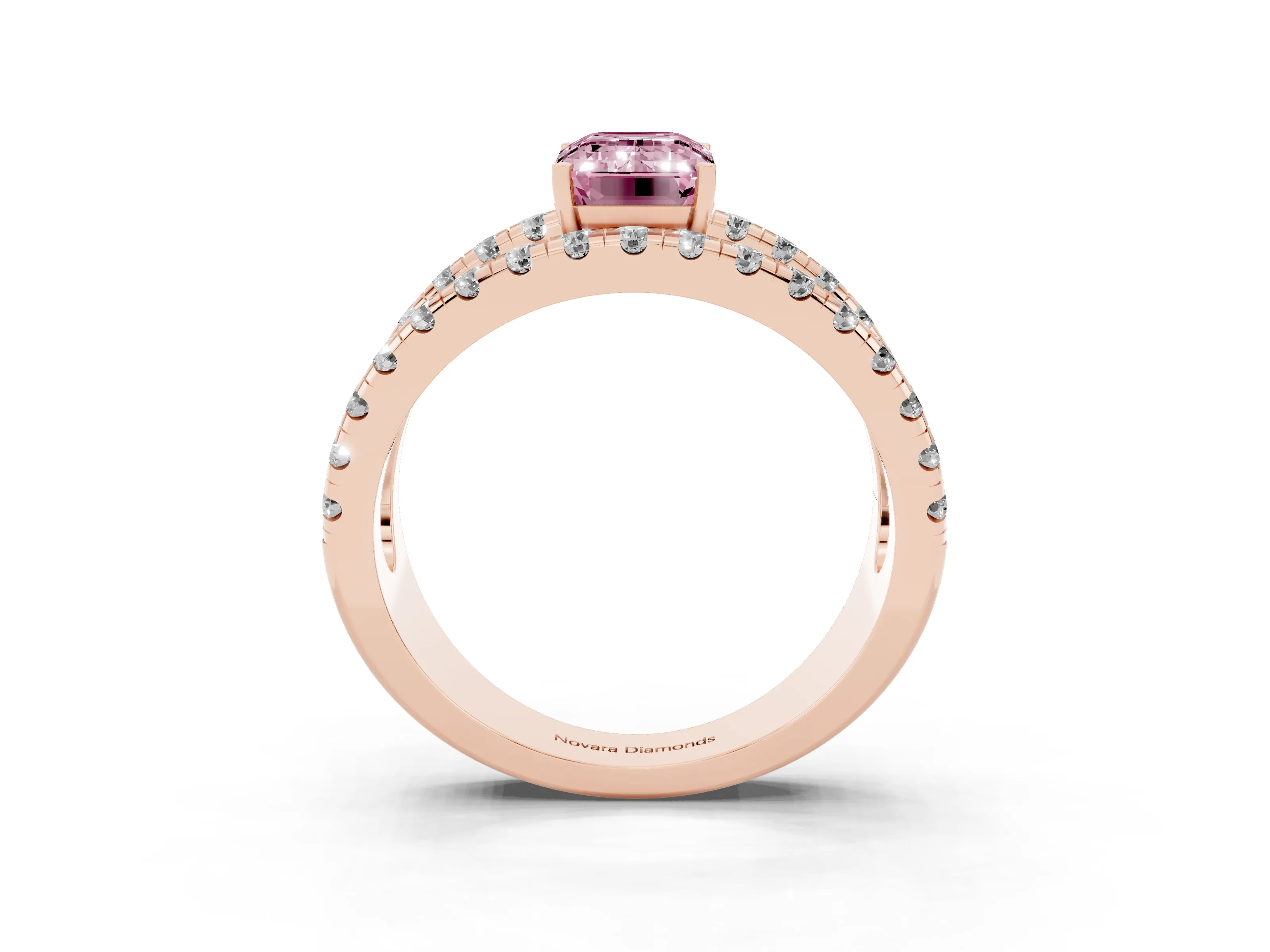 Fancy Pink Emerald Cut Diamond Split Shank Pavé Solitaire Ring Set in Rose gold with Open Shank Design