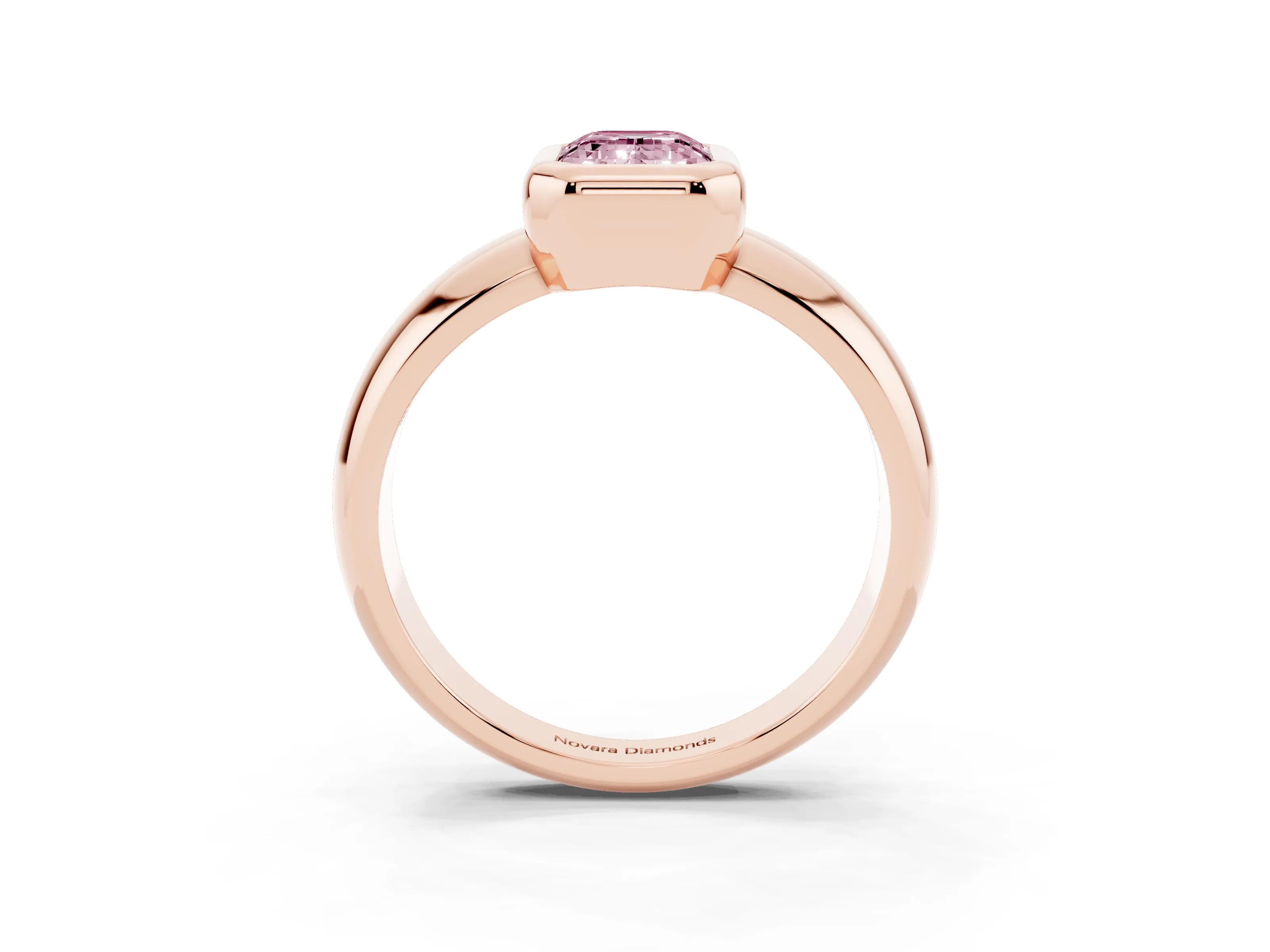 Fancy Pink Bezel Set Emerald Cut Diamond Solitaire Ring Set in Rose gold with Wide Band