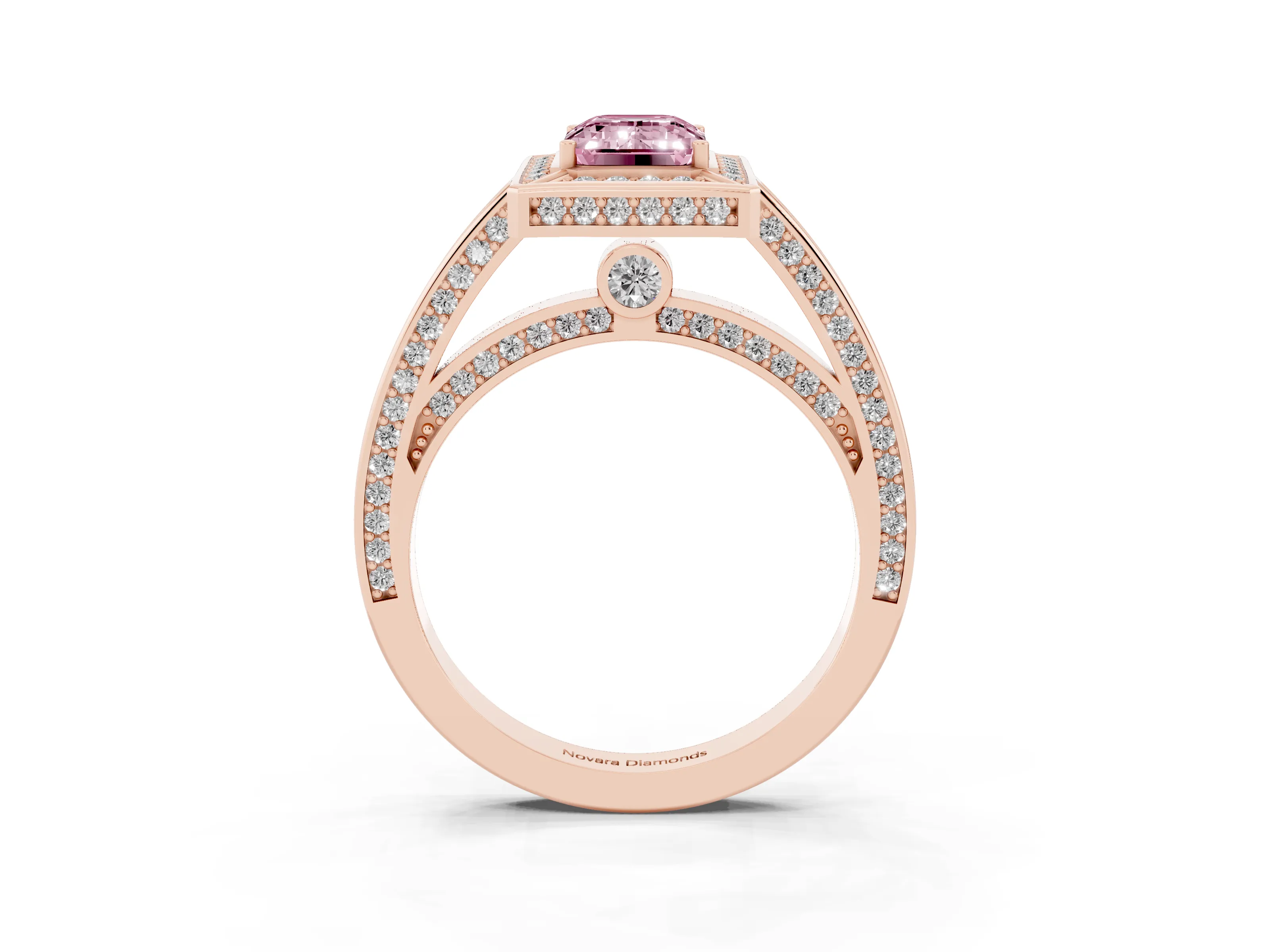 Fancy Pink Emerald Cut Diamond Halo Pavé Split Shank Ring Set in Rose gold with Prong Setting