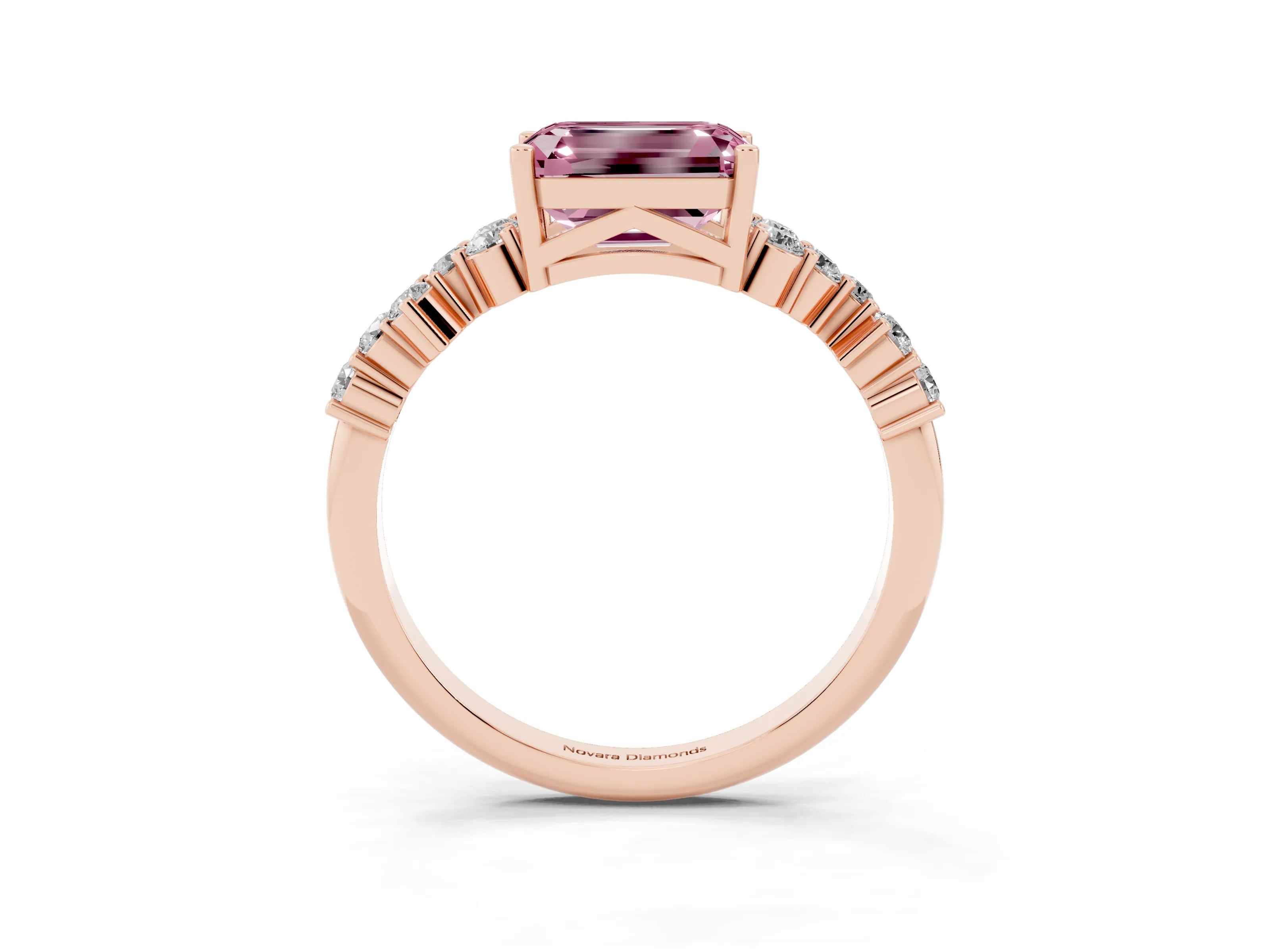 Fancy Pink Emerald Cut Diamond Ring Set in Rose gold with Scattered Round Accents