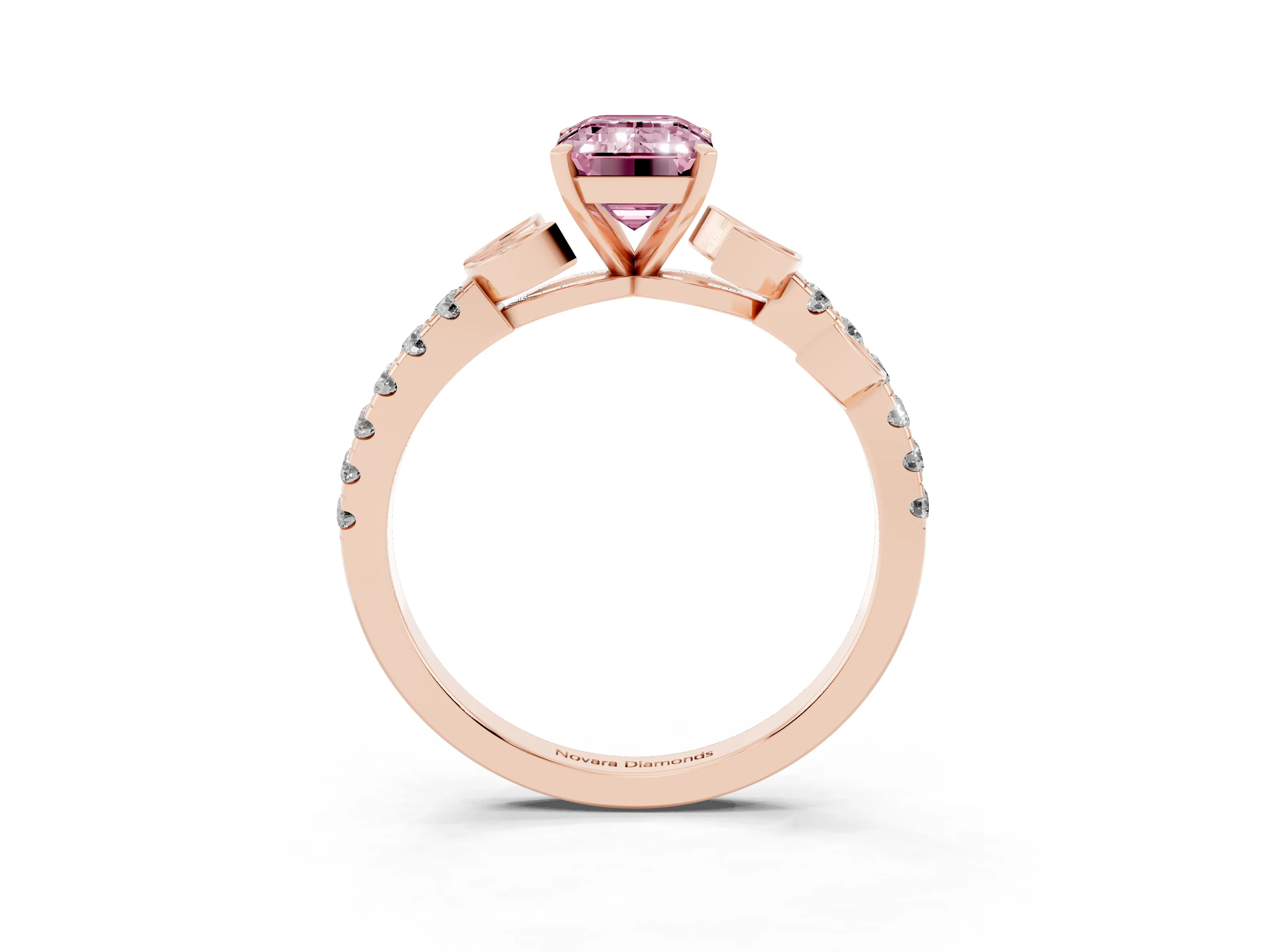 Fancy Pink Emerald Cut Diamond Solitaire Leaf-Inspired Ring Set in Rose gold with Pavé Band and Prong Setting