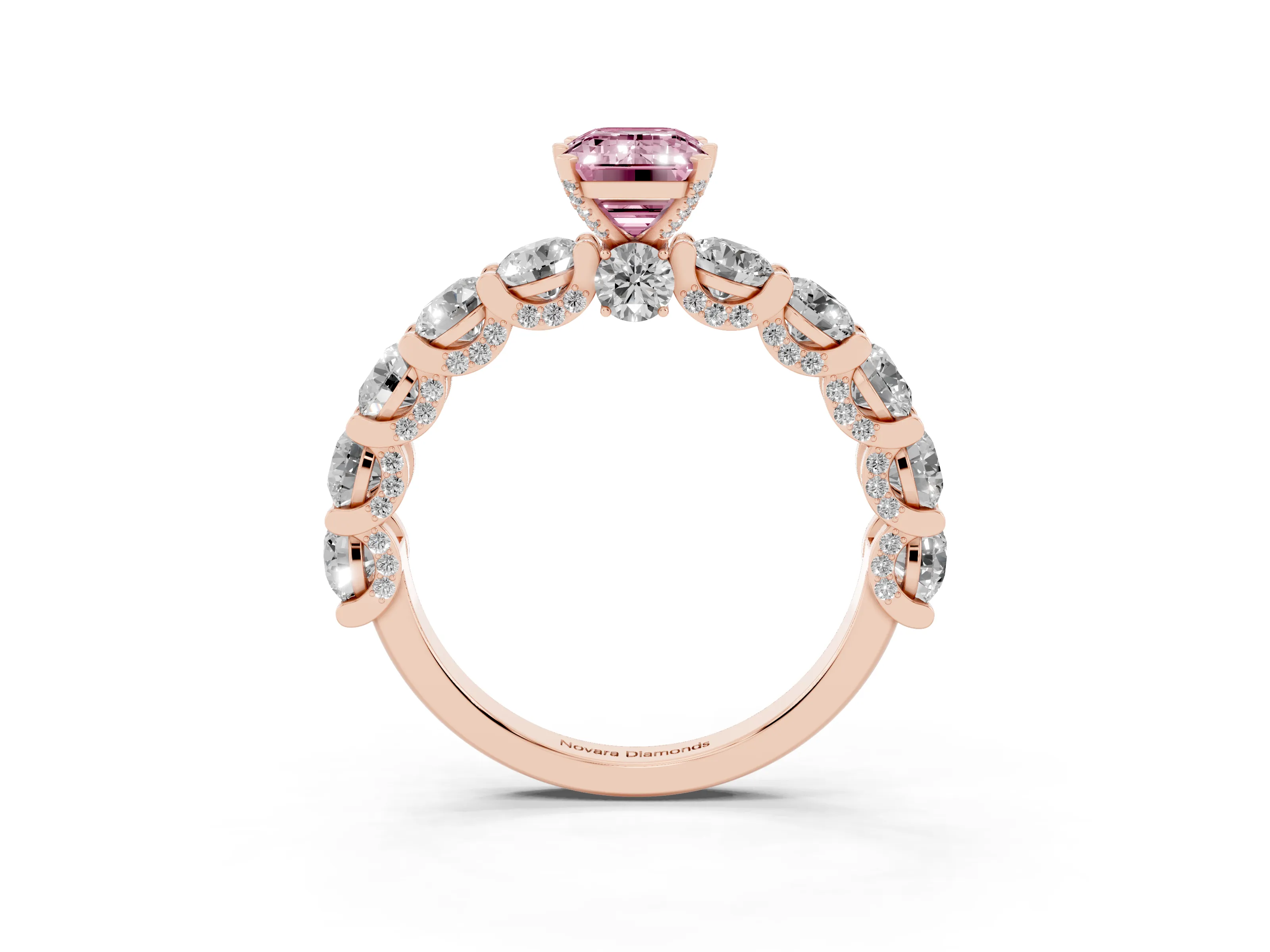 Fancy Pink Emerald Cut Diamond Side Stone Ring Set in Rose gold with Alternating Round and Oval Side Stones