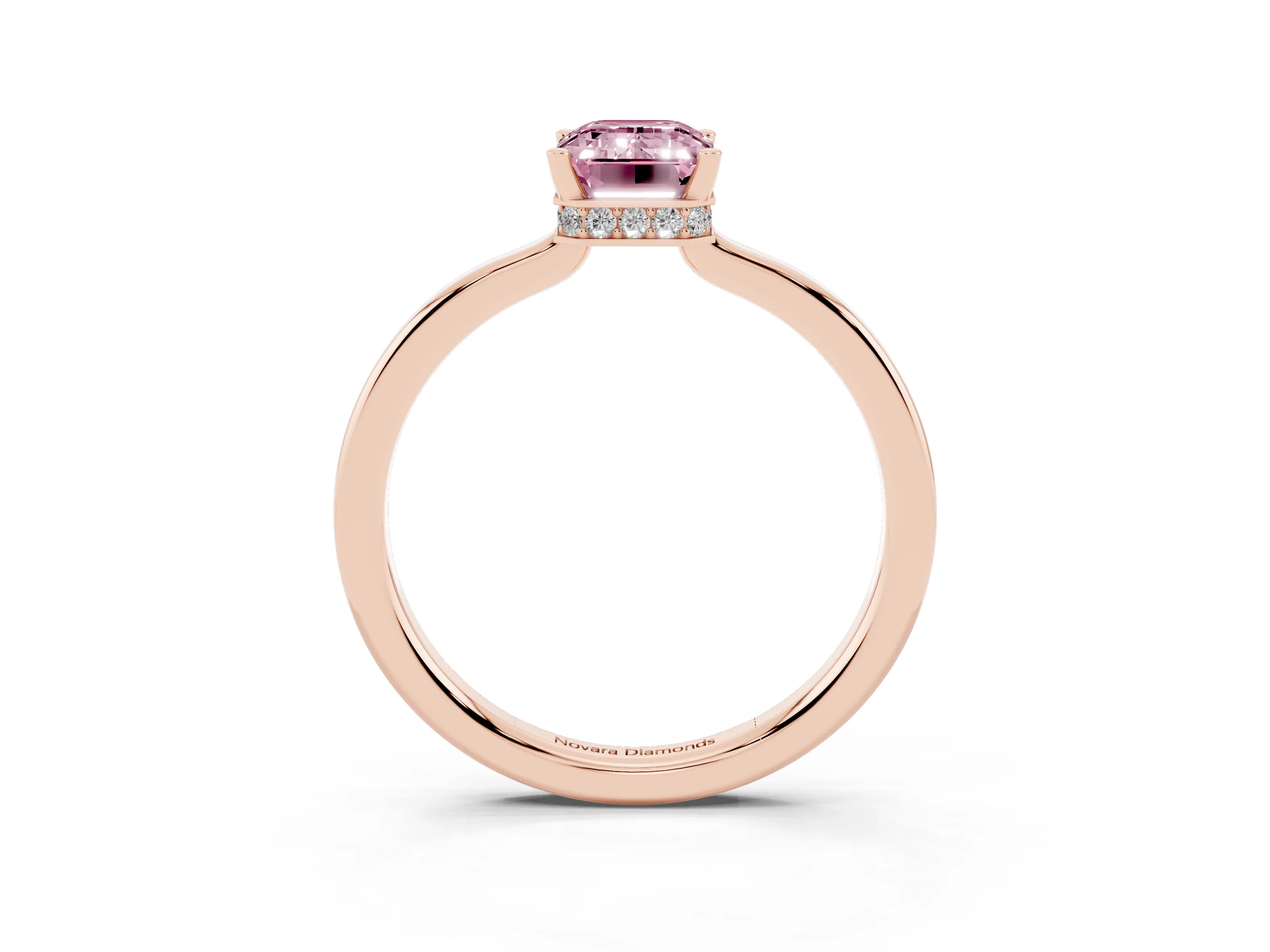 Fancy Pink Emerald Cut Diamond Solitaire Engagement Ring Set in Rose gold with Prong Setting on a Plain Band