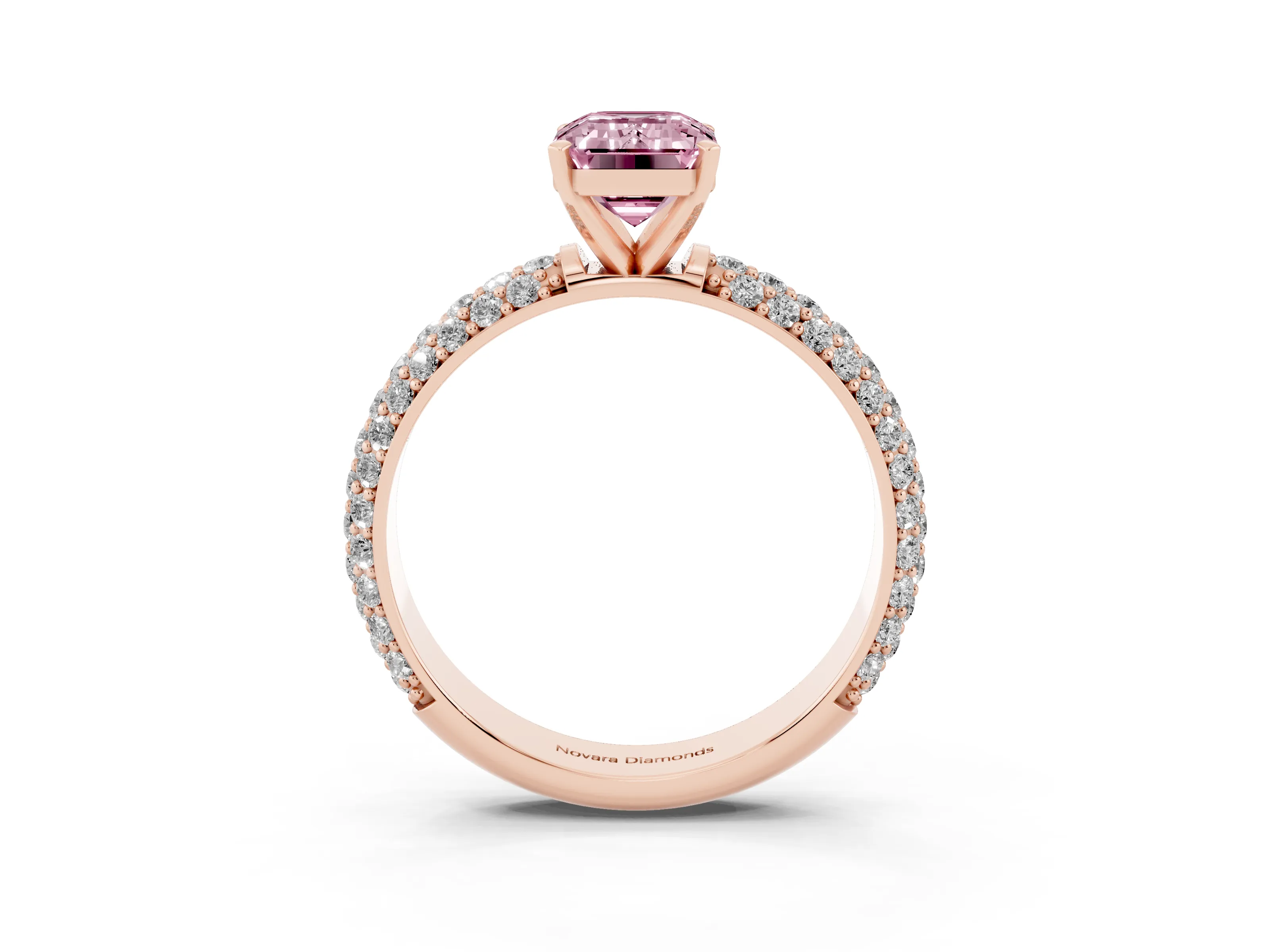 Fancy Pink Emerald Cut Diamond Solitaire Ring Set in Rose gold with Prong Setting and Pavé-Set Band