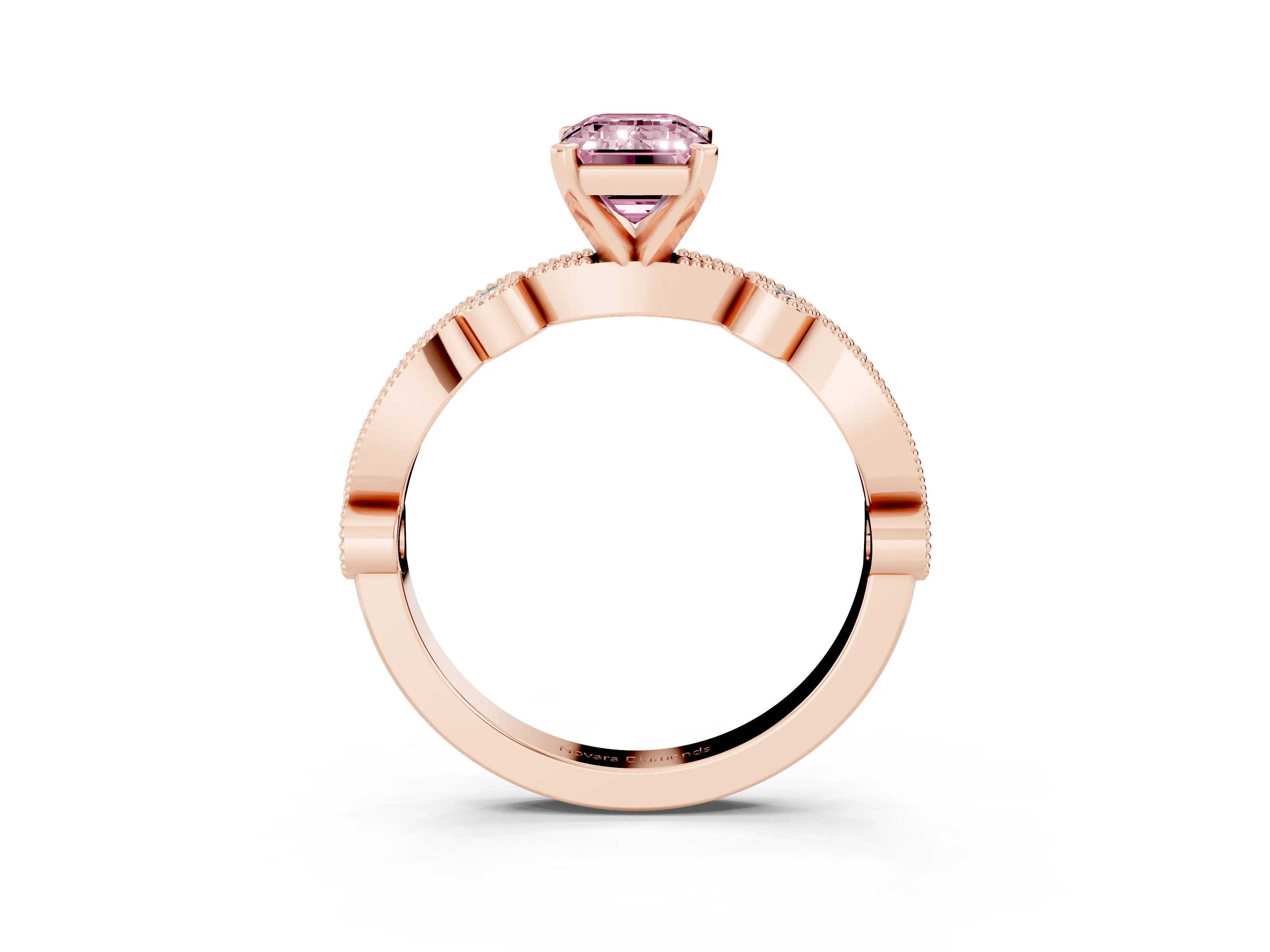 Fancy Pink Emerald Cut Diamond Solitaire Engagement Ring Set in Rose gold with Milgrain Bezel Accent Band