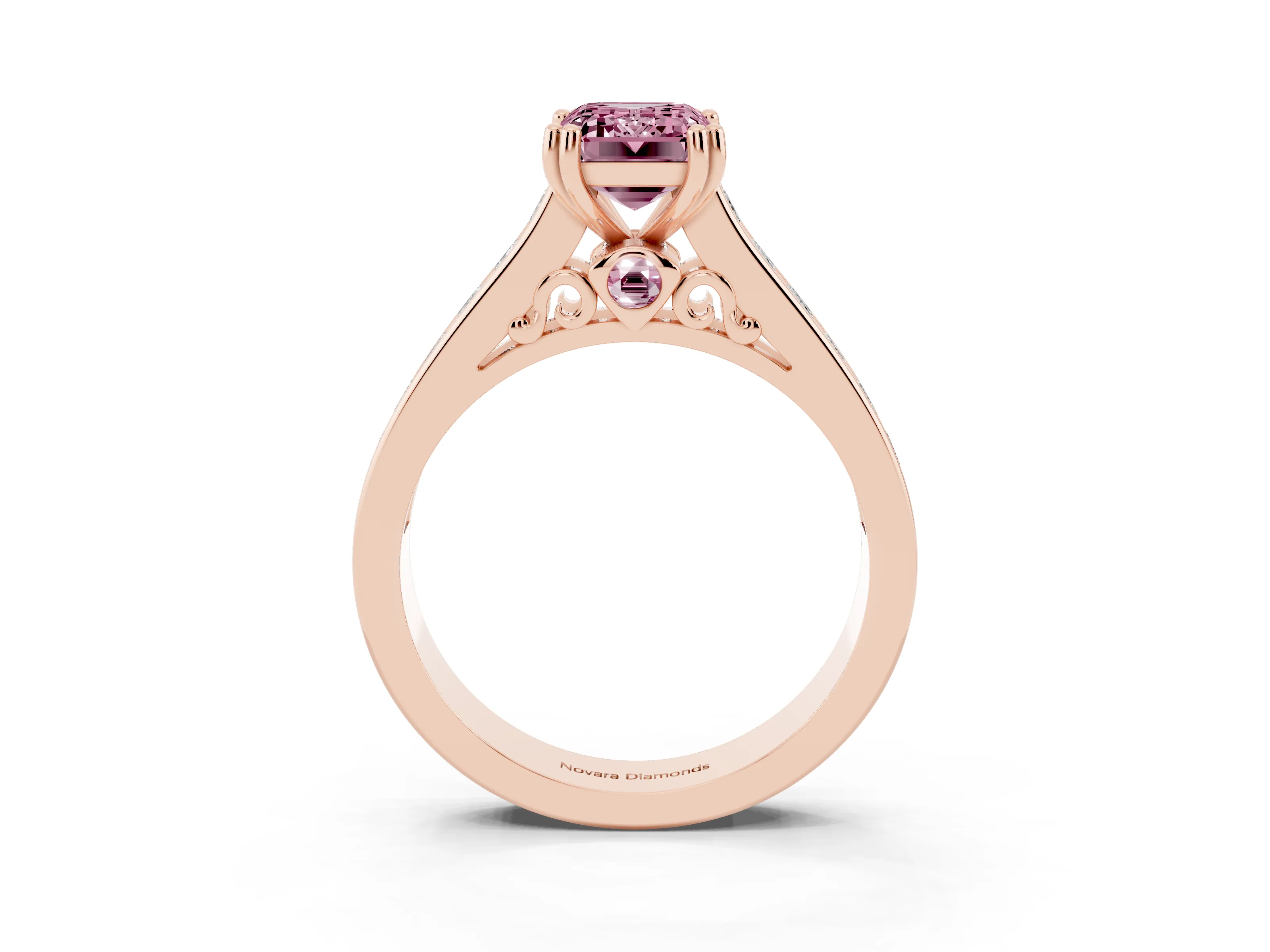 Fancy Pink Emerald Cut Diamond Channel Set Solitaire Engagement Ring Set in Rose gold with Prong Setting