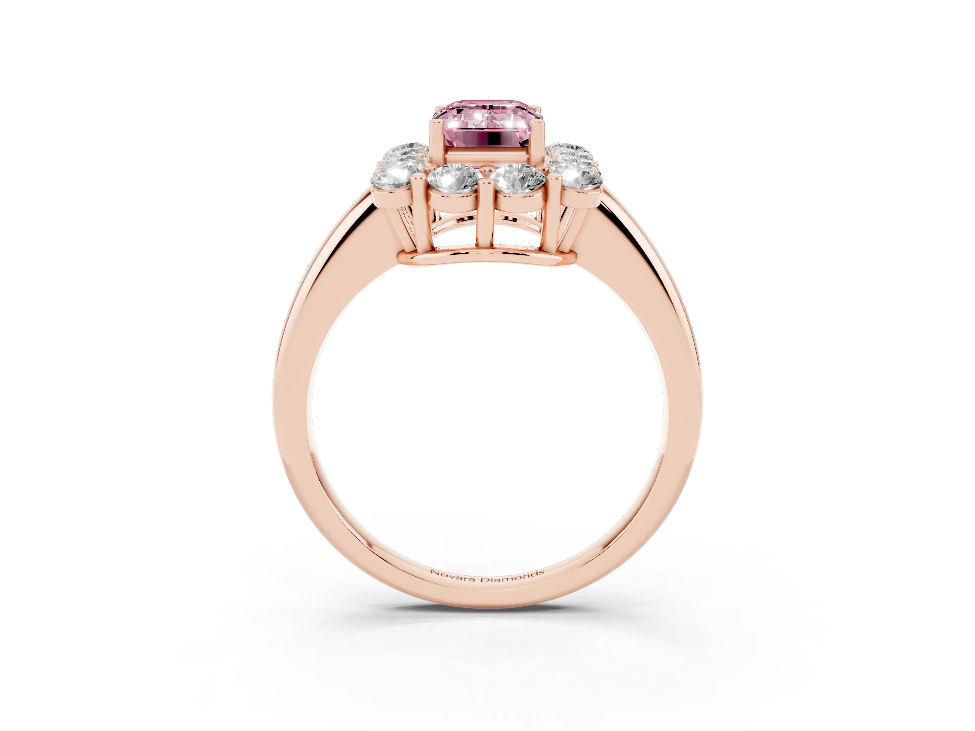 Fancy Pink Emerald Cut Diamond Halo Cluster Engagement Ring Set in Rose gold with Polished Band and Prong Setting