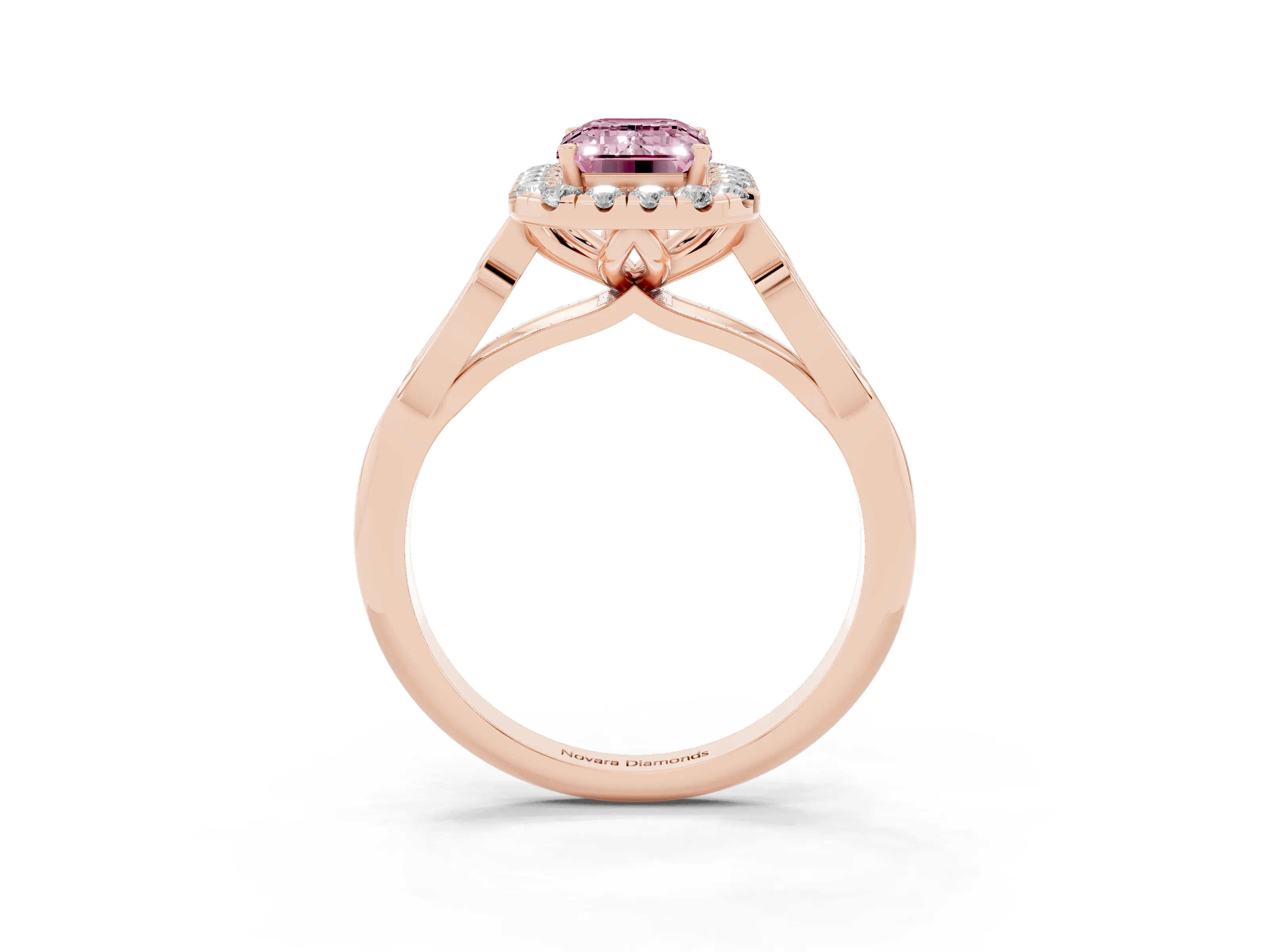 Fancy Pink Emerald Cut Diamond Halo Engagement Ring Set in Rose gold with Filigree Band and Prong-Set Center