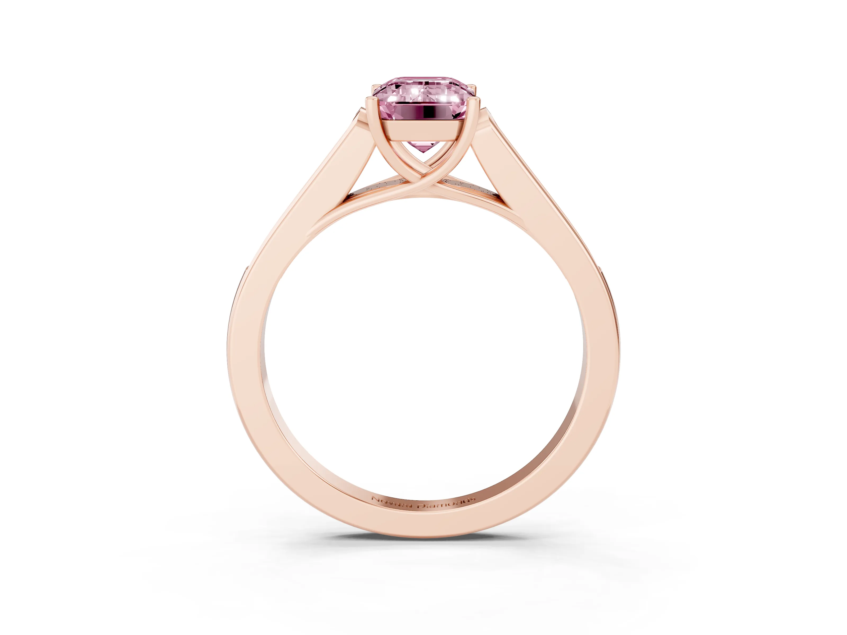 Fancy Pink Emerald Cut Diamond Solitaire Cathedral Engagement Ring Set in Rose gold with Channel-Set Band and Prong Setting