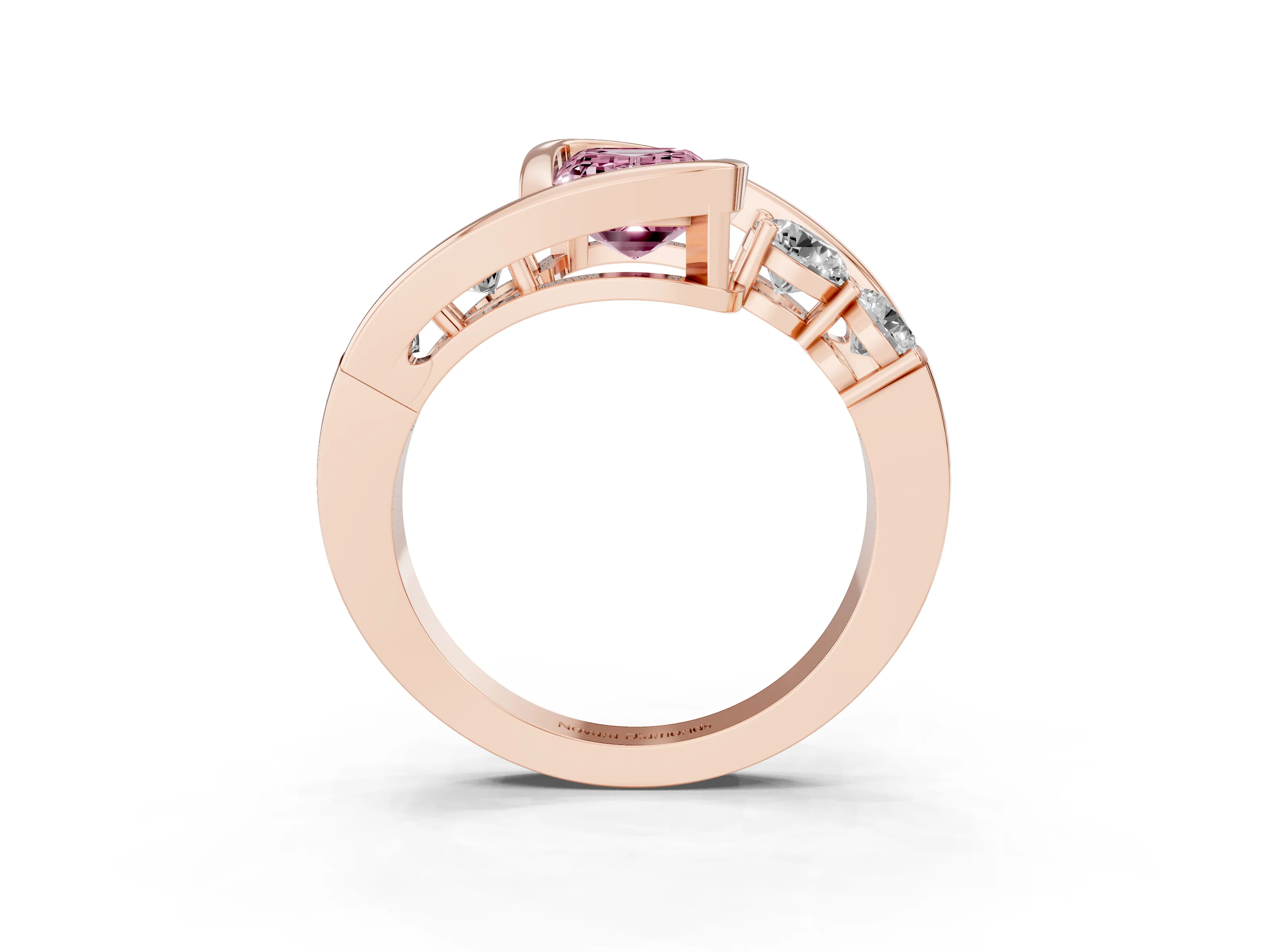 Fancy Pink Emerald Cut Diamond Bezel Bypass Ring Set in Rose gold with Round Accents