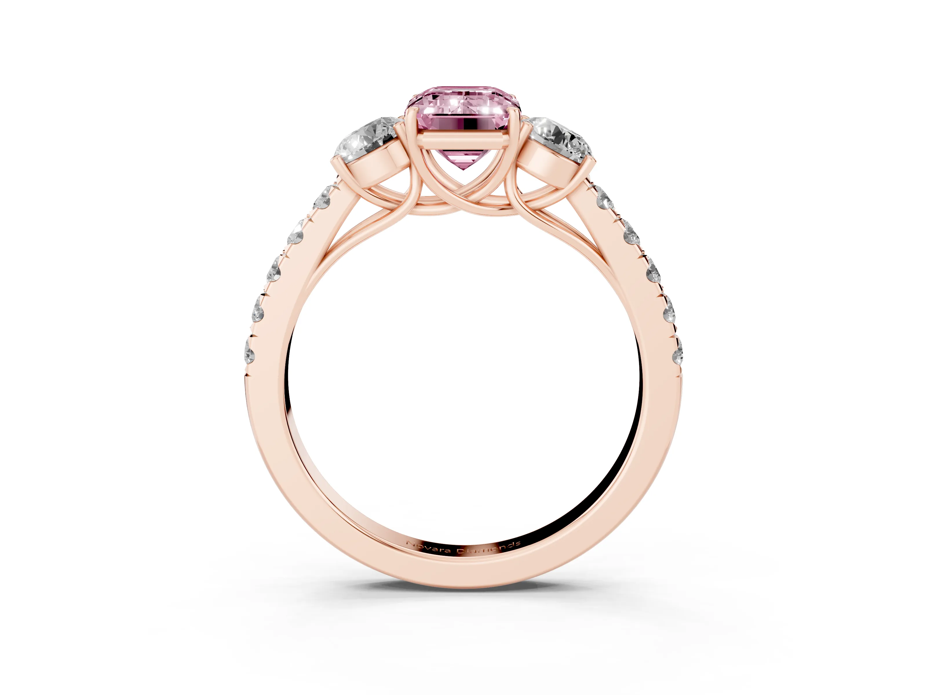 Fancy Pink Emerald Cut Diamond Three-Stone Ring Set in Rose gold with Round Side Stones and Delicate Pavé Band