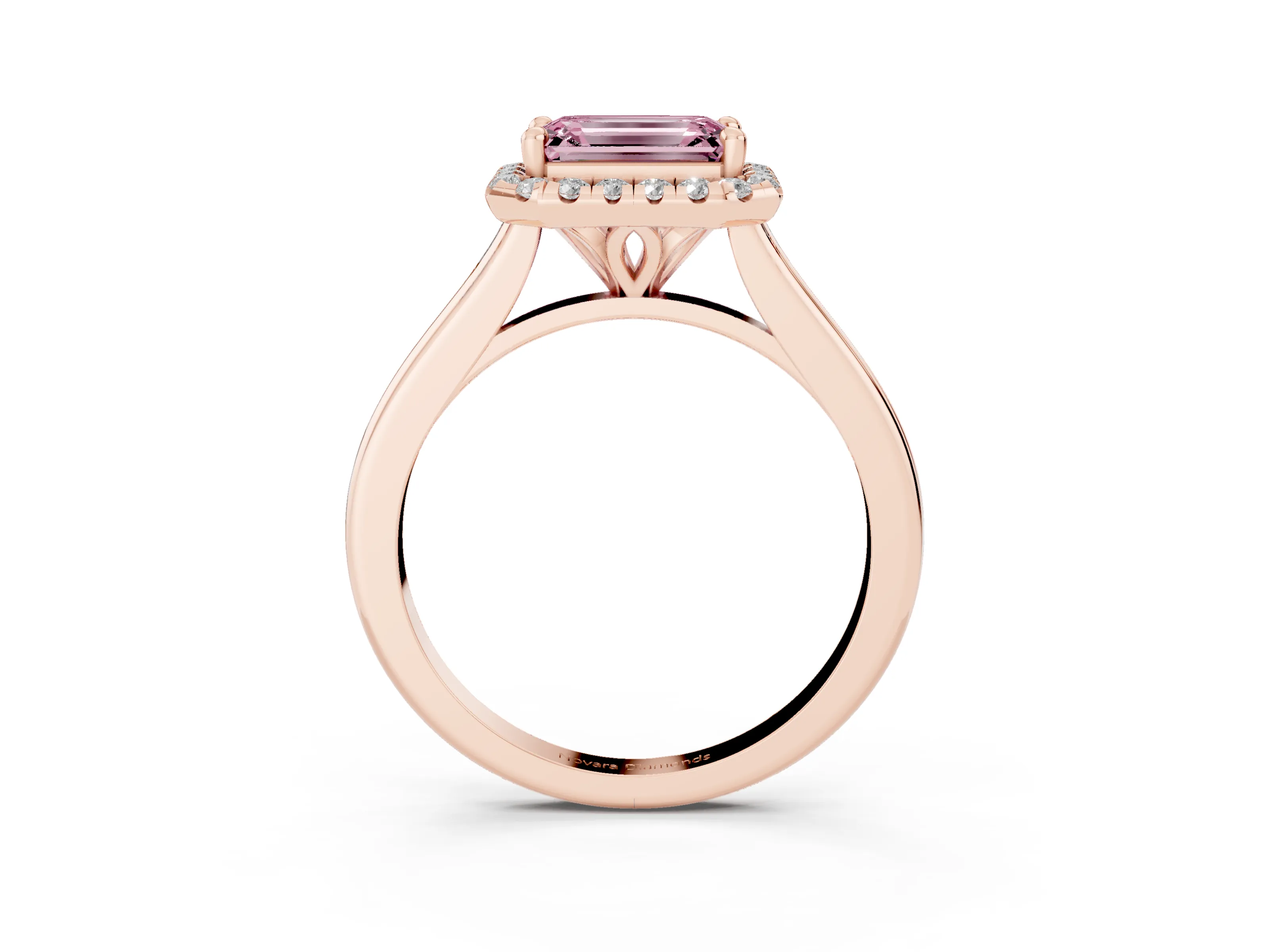 Fancy Pink Emerald Cut Diamond Halo Engagement Ring Set in Rose gold with Pavé Band and Rising Shoulders