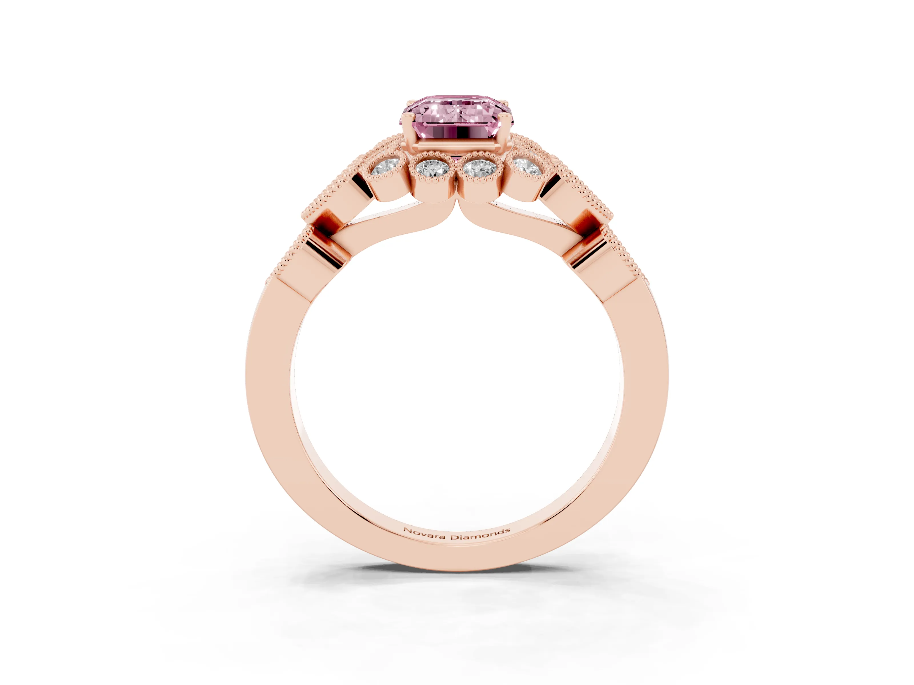 Fancy Pink Emerald Cut Diamond Solitaire Ring Set in Rose gold with Milgrain Pavé Heart Band