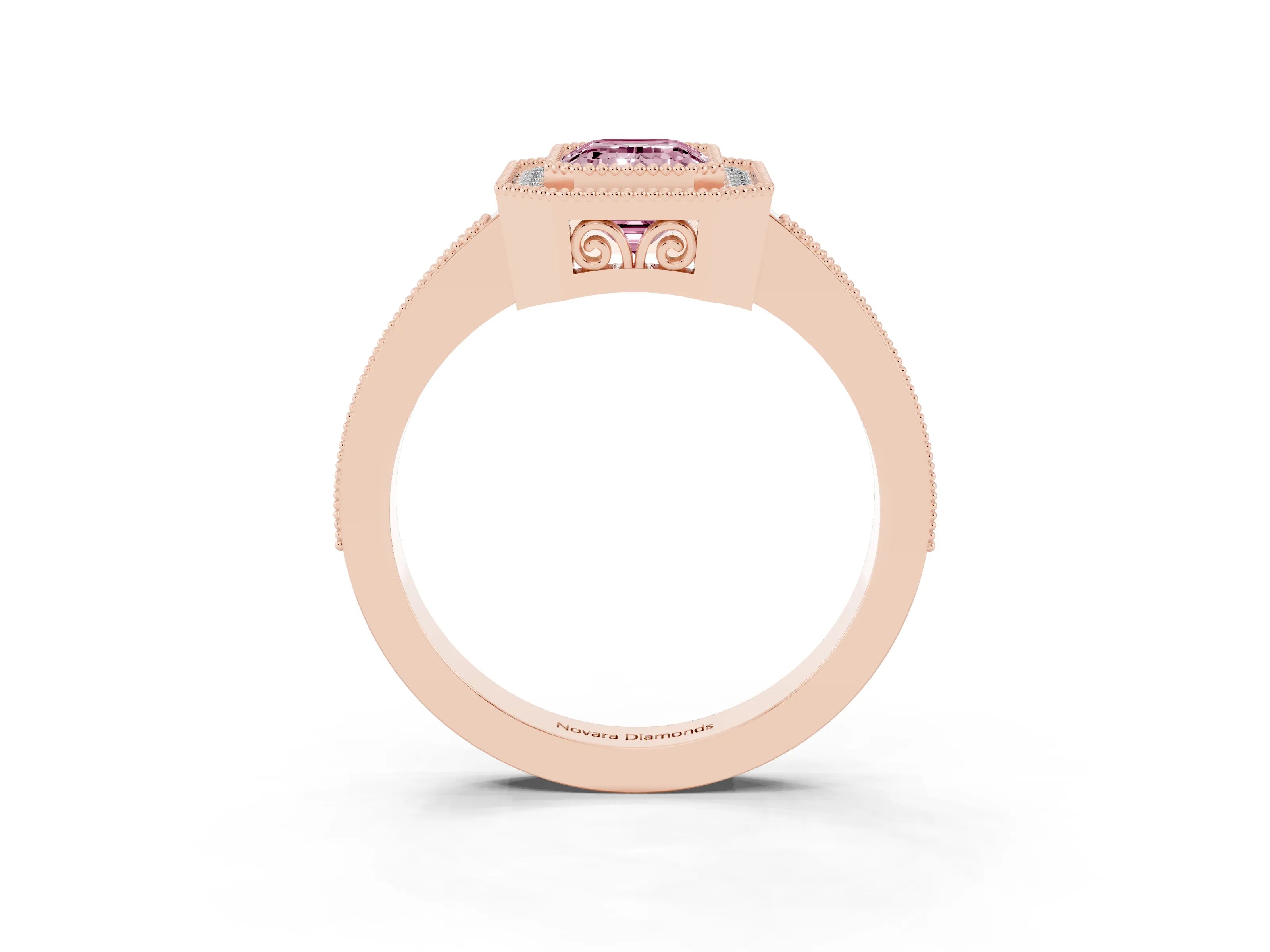 Fancy Pink Emerald Cut Diamond Halo Ring Set in Rose gold with Pavé Band and Milgrain-Edged Prongs
