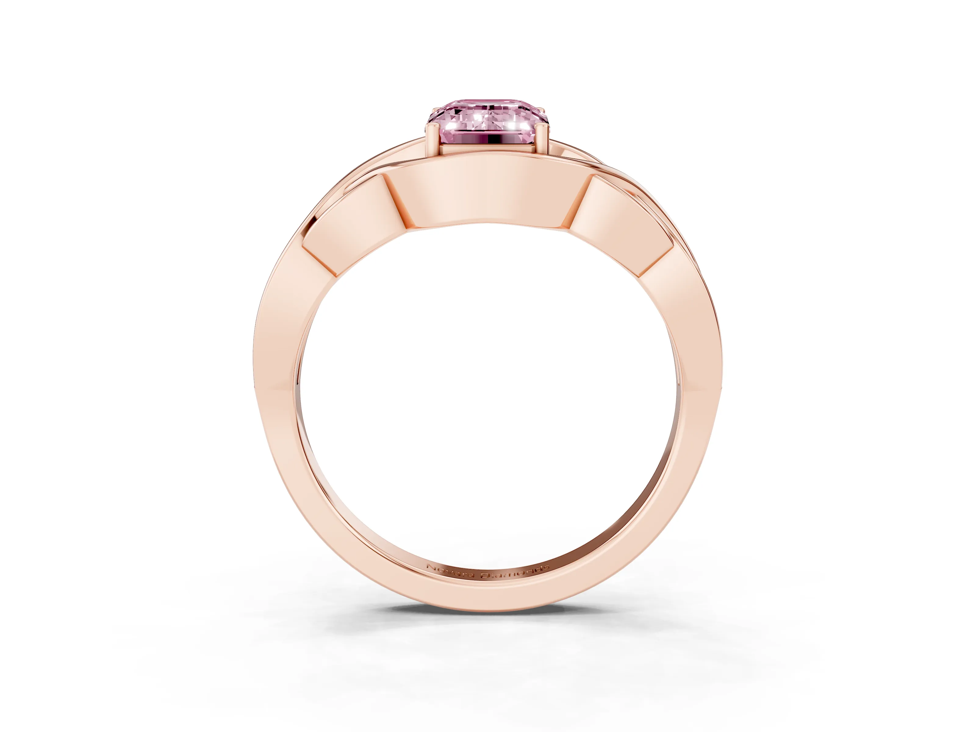Fancy Pink Emerald Cut Diamond Solitaire Ring Set in Rose gold with Intertwined Band