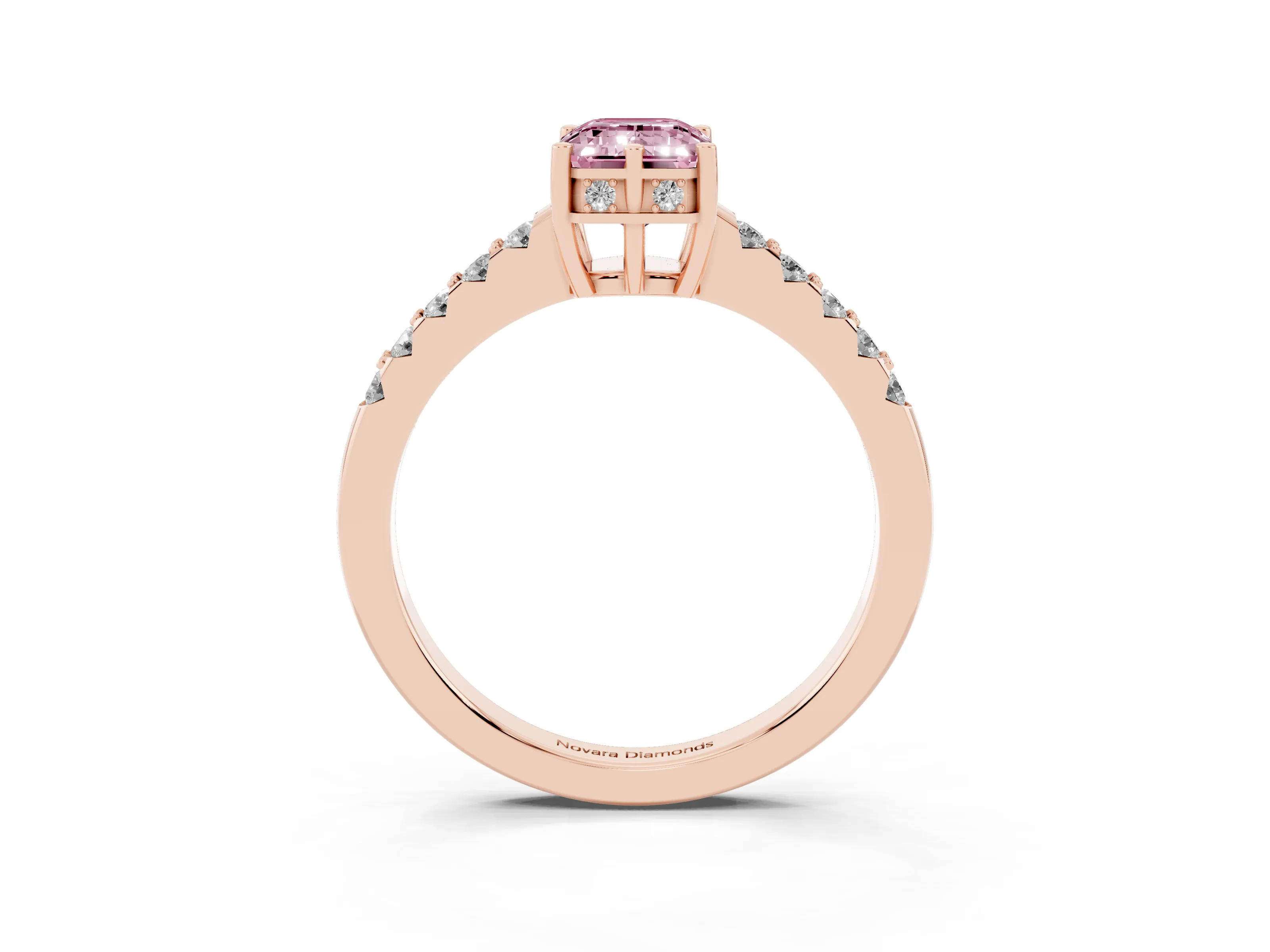 Fancy Pink Emerald Cut Diamond Solitaire Engagement Ring Set in Rose gold with Pavé Band and Prong Setting