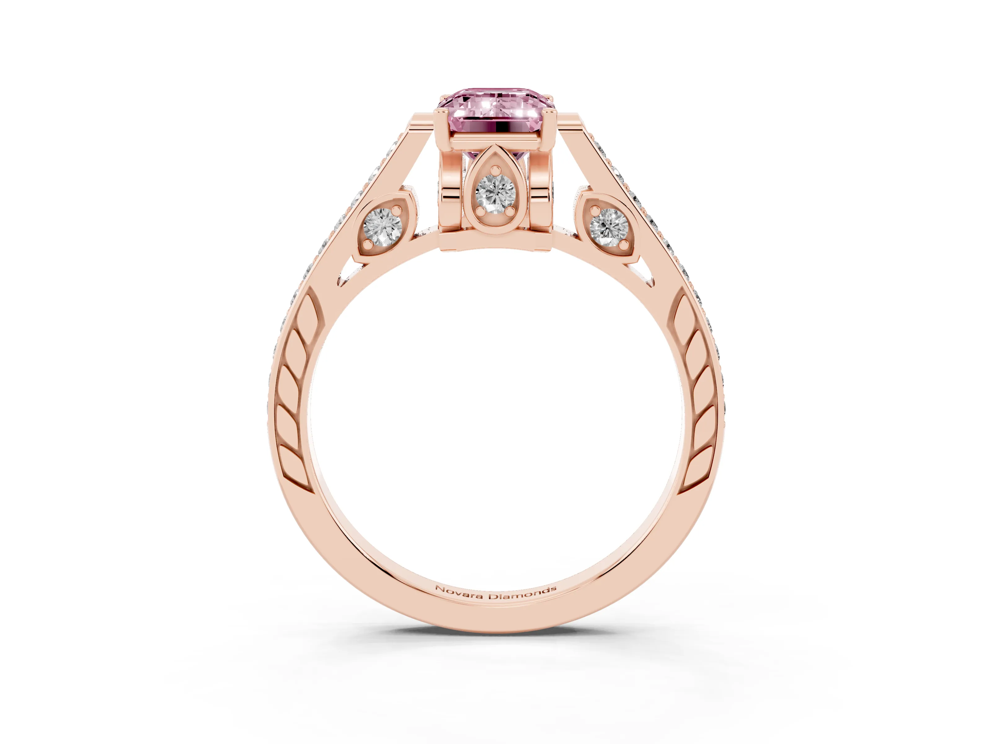 Fancy Pink Emerald Cut Diamond Cathedral Pavé Engagement Ring Set in Rose gold with Prong Setting