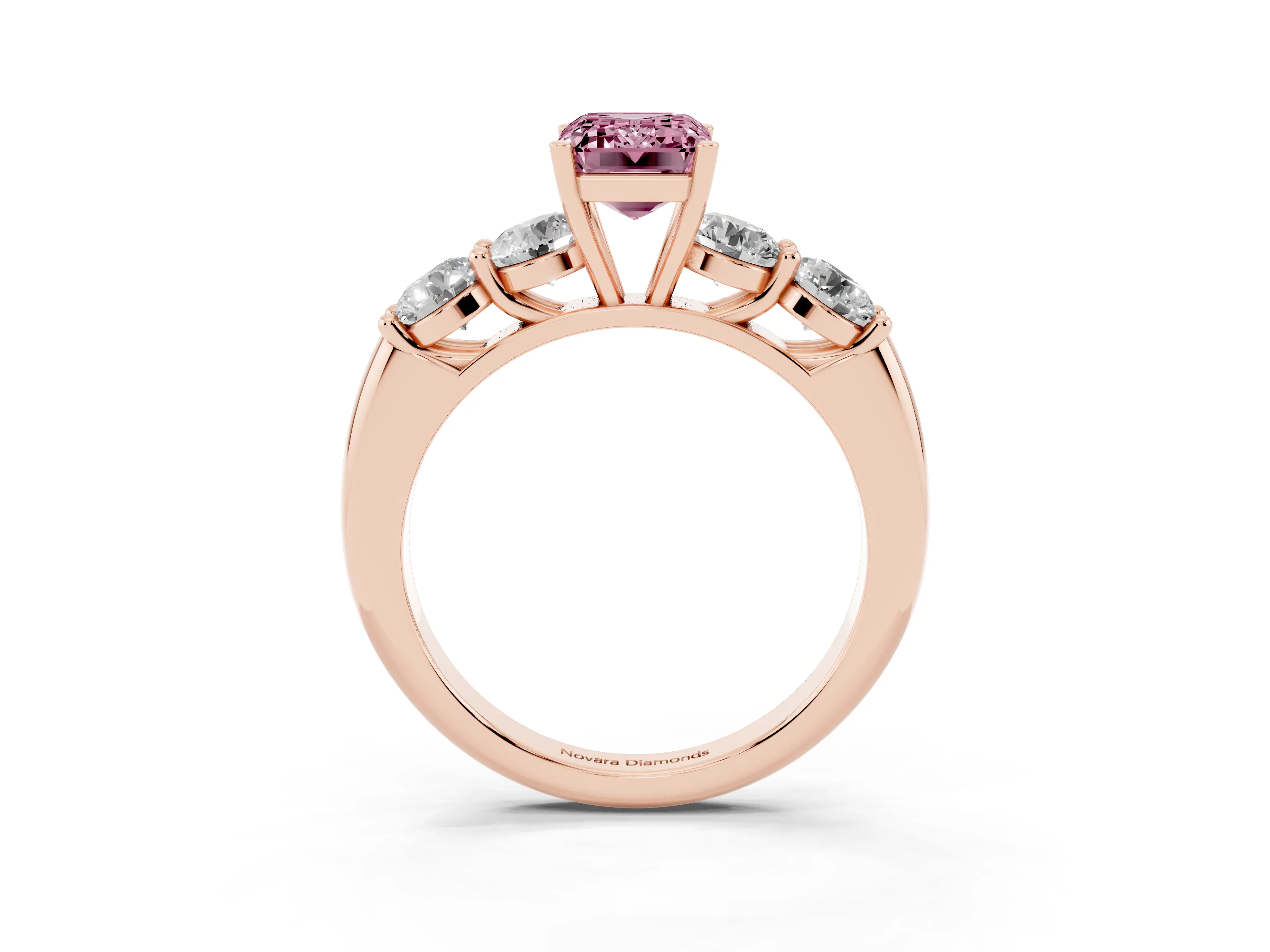 Fancy Pink Emerald Cut Diamond Five-Stone Prong Set Ring Set in Rose gold with Classic Band