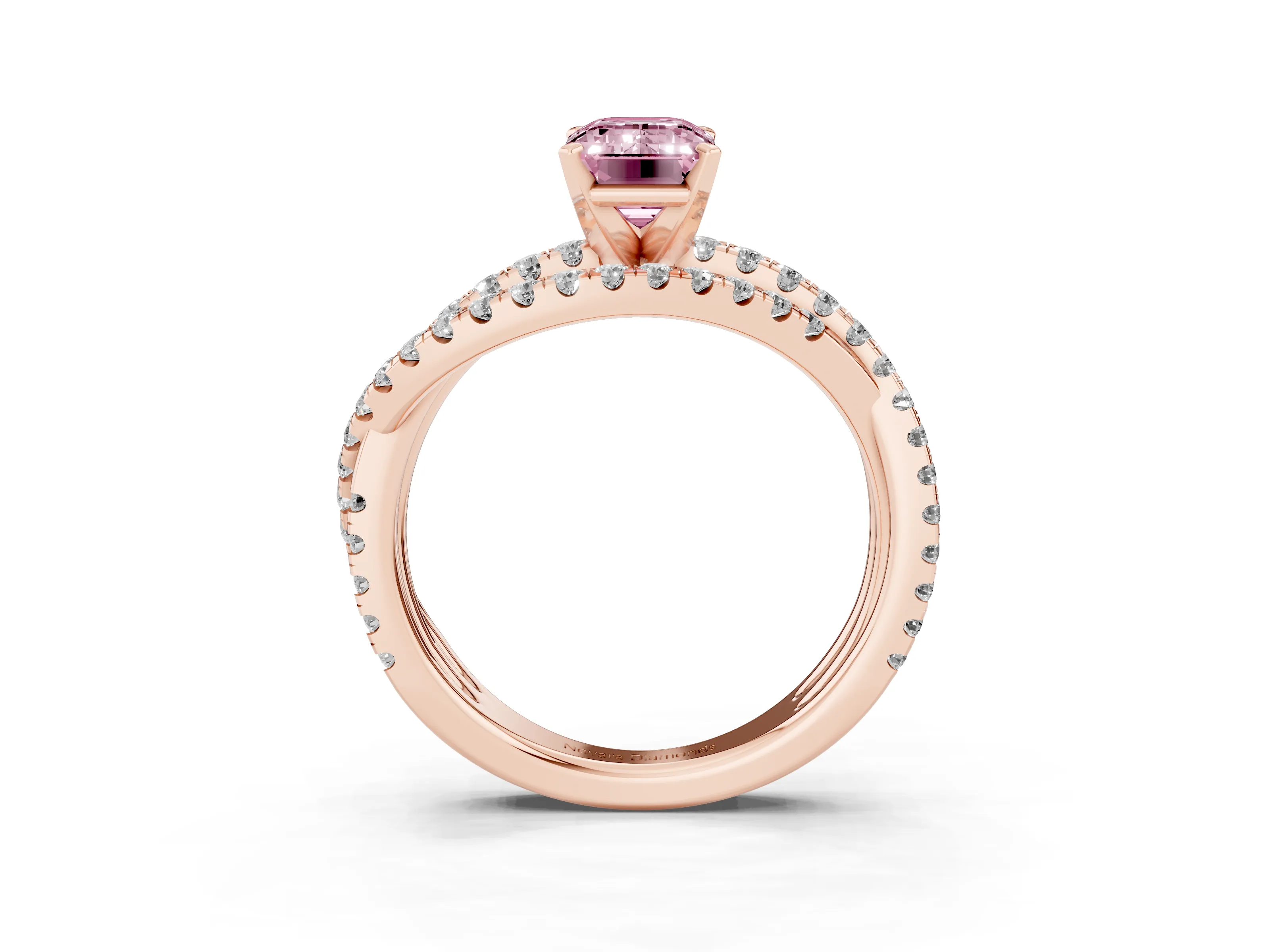 Fancy Pink Emerald Cut Diamond Solitaire Twist Band Ring Set in Rose gold with Pavé Setting and Prong Head