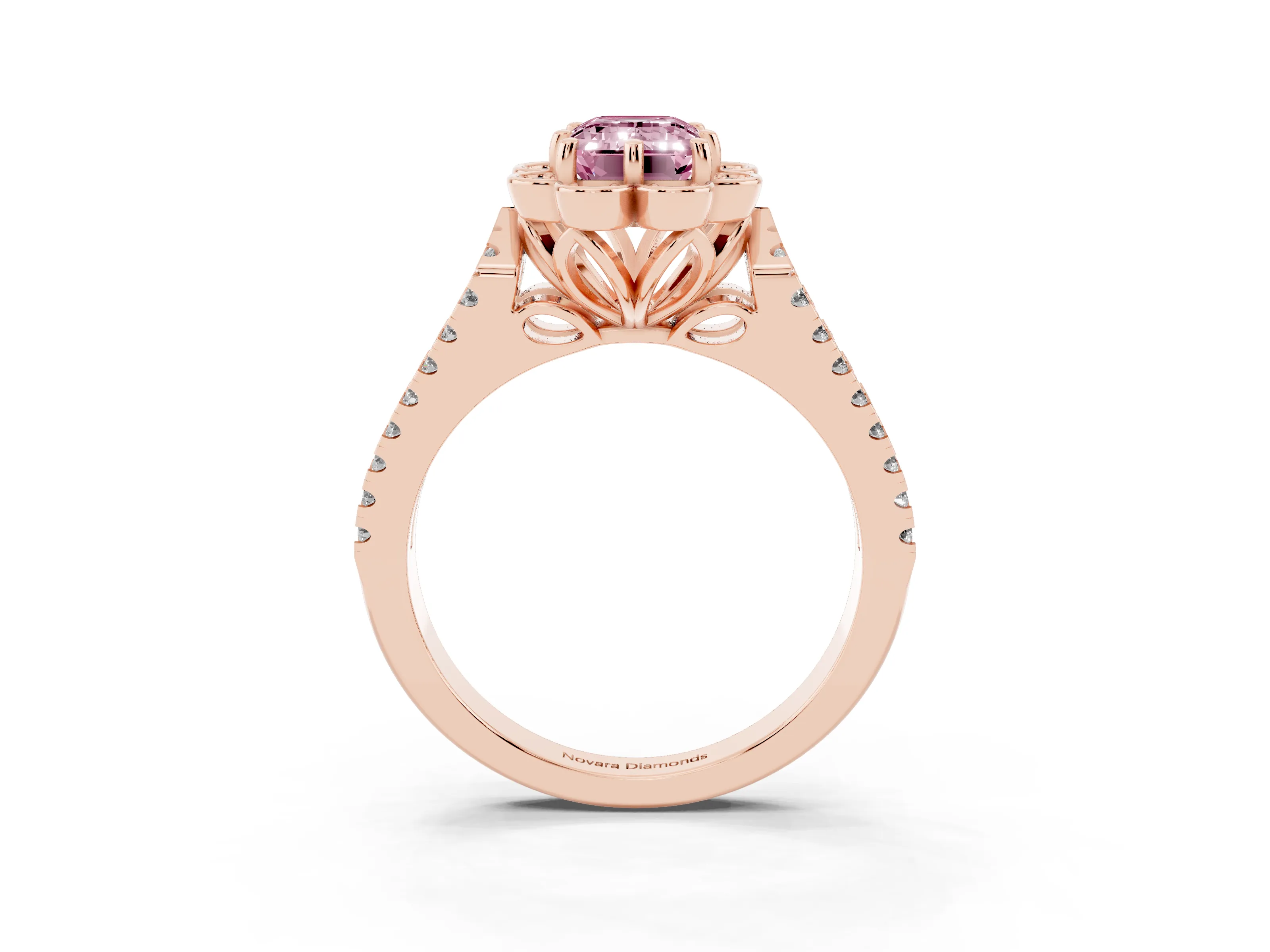 Fancy Pink Emerald Cut Diamond Floral Halo Split Shank Engagement Ring Set in Rose gold with Pavé Shank