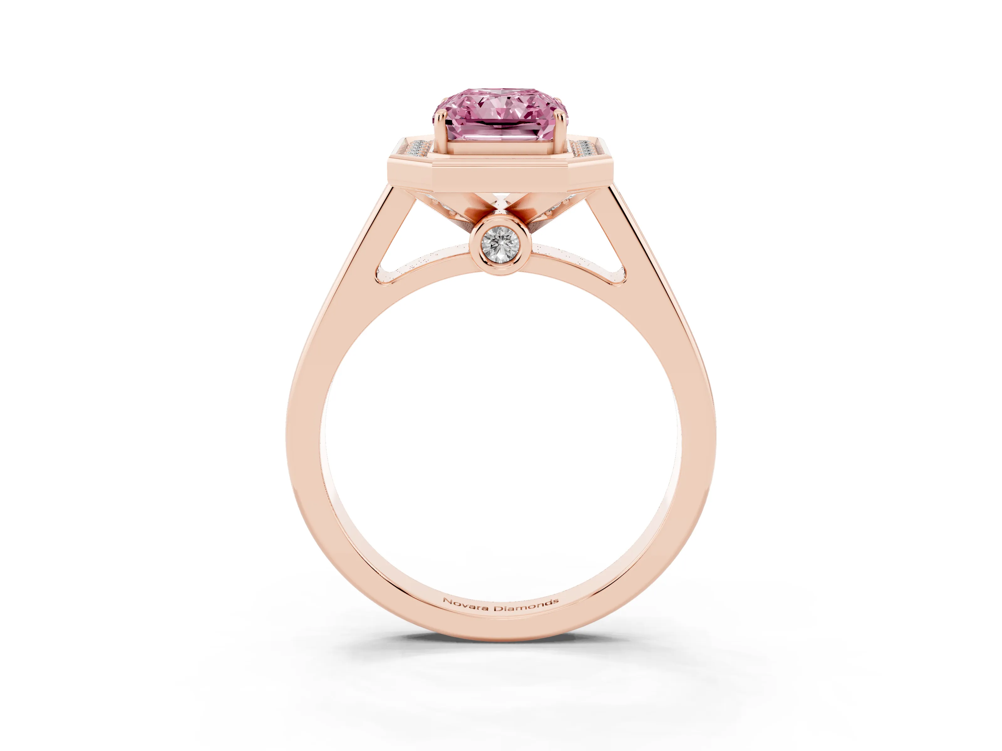 Fancy Pink Emerald Cut Diamond Halo Solitaire Ring Set in Rose gold with Pavé Band and Bezel Setting