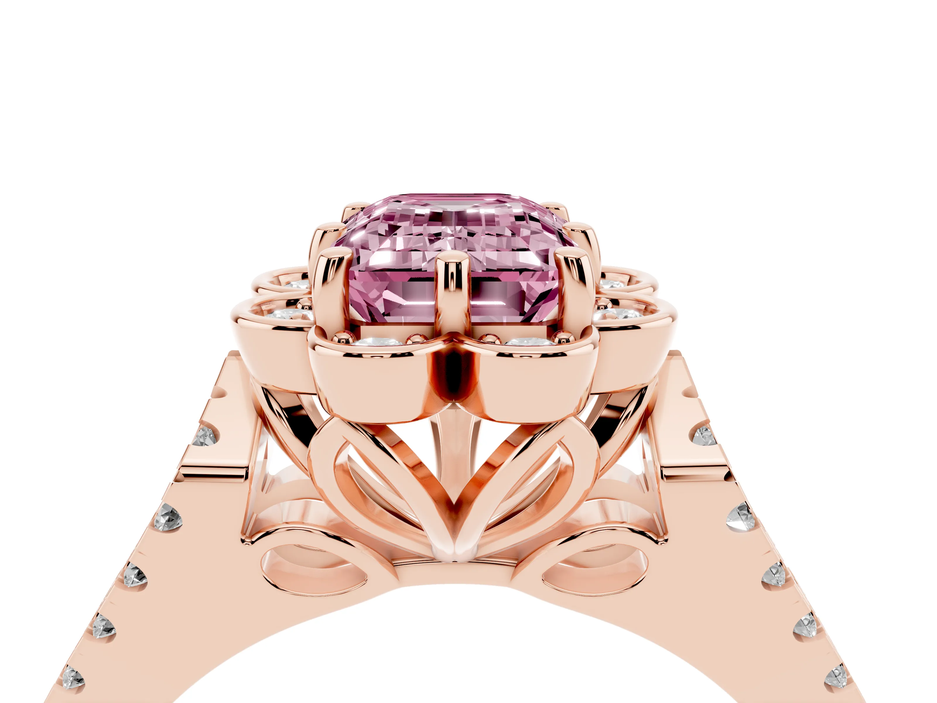 Fancy Pink Emerald Cut Diamond Floral Halo Split Shank Engagement Ring Set in Rose gold with Pavé Shank