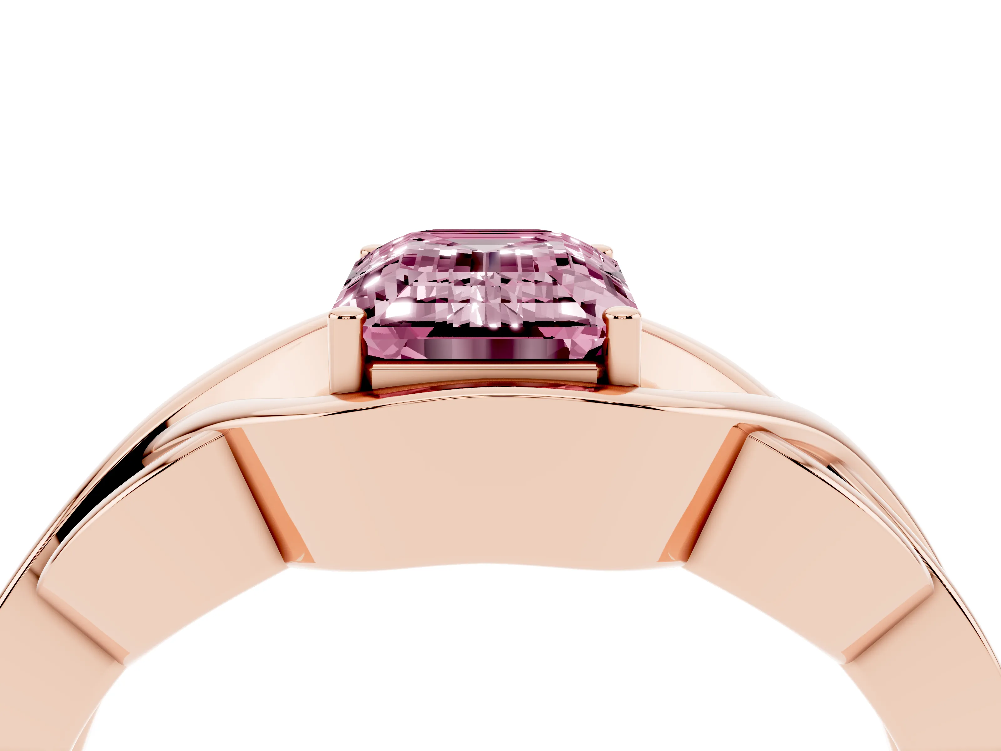 Fancy Pink Emerald Cut Diamond Solitaire Ring Set in Rose gold with Intertwined Band
