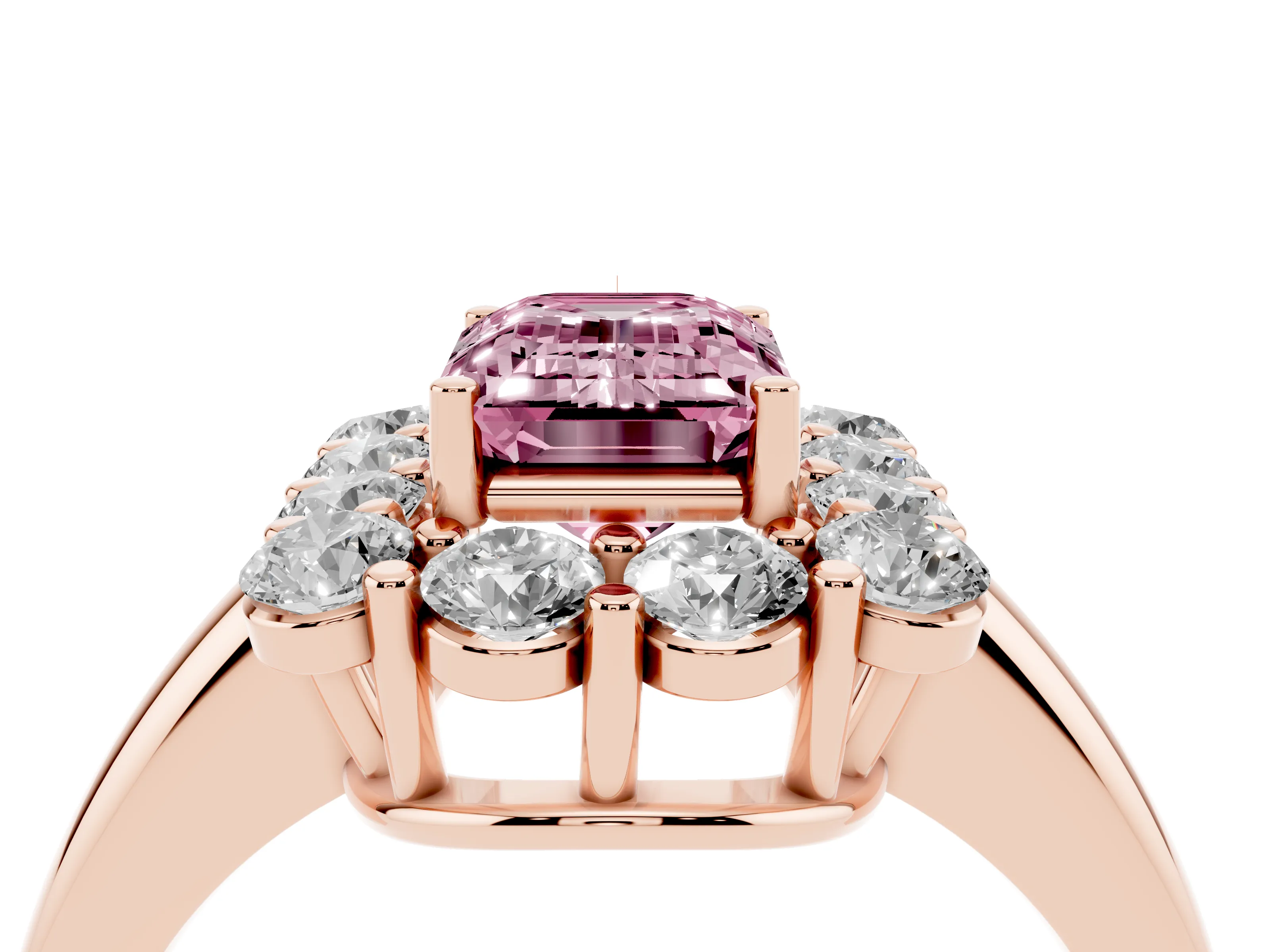Fancy Pink Emerald Cut Diamond Halo Cluster Engagement Ring Set in Rose gold with Polished Band and Prong Setting