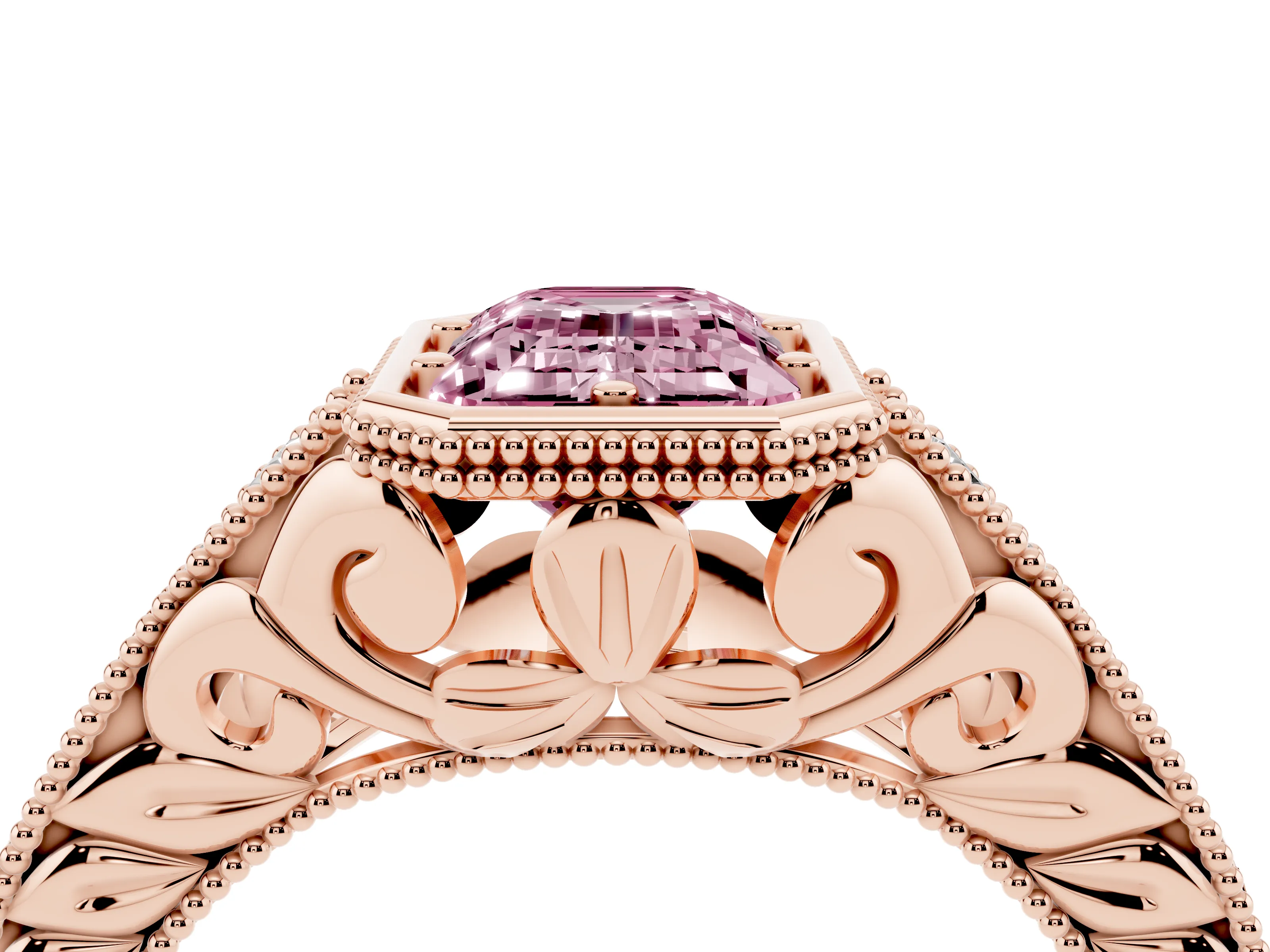 Fancy Pink Bezel Set Emerald Cut Diamond Milgrain Pavé Engagement Ring Set in Rose gold