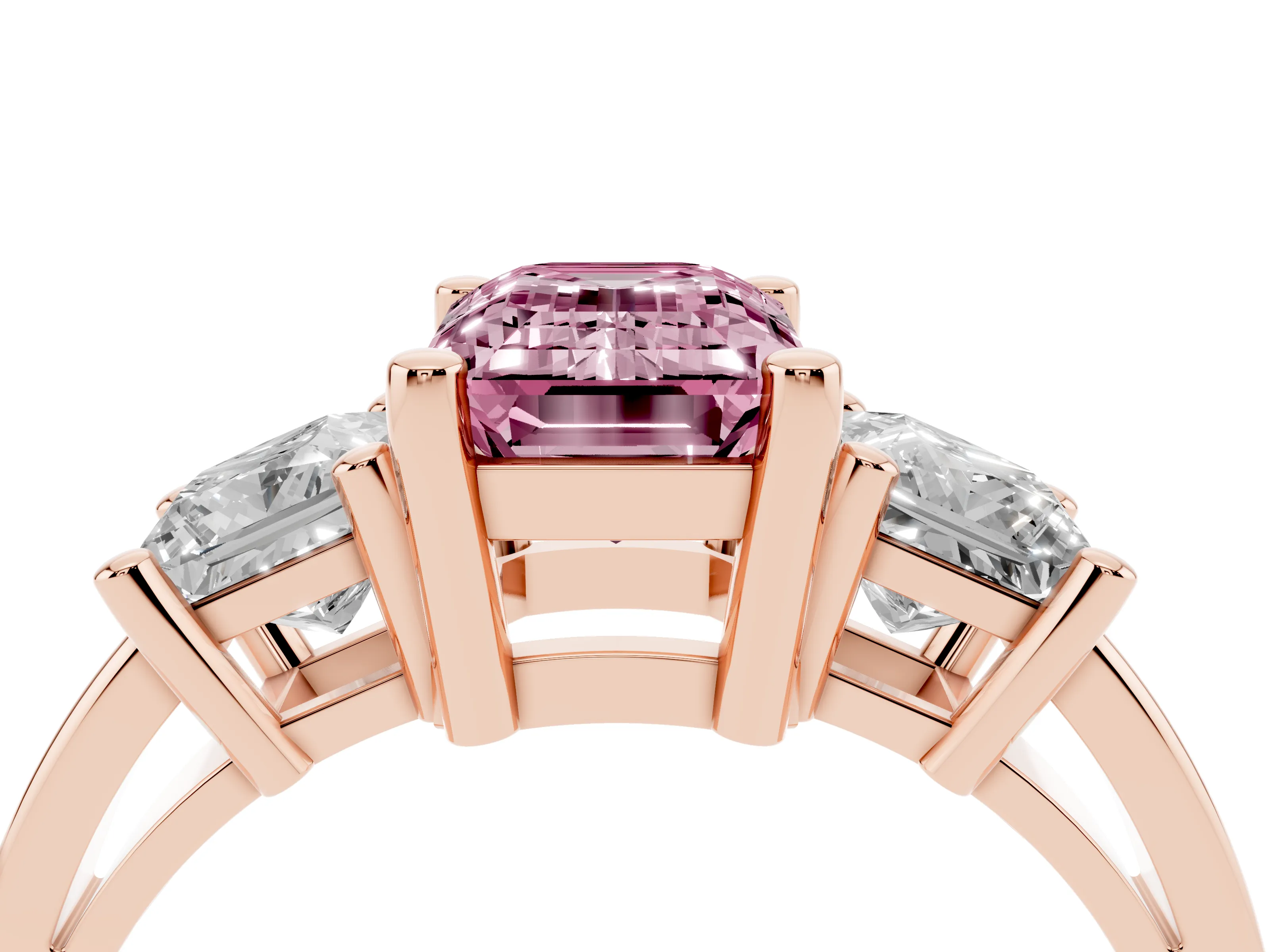 Fancy Pink Three-Stone Emerald Cut Diamond Solitaire Ring Set in Rose gold with Prong Setting