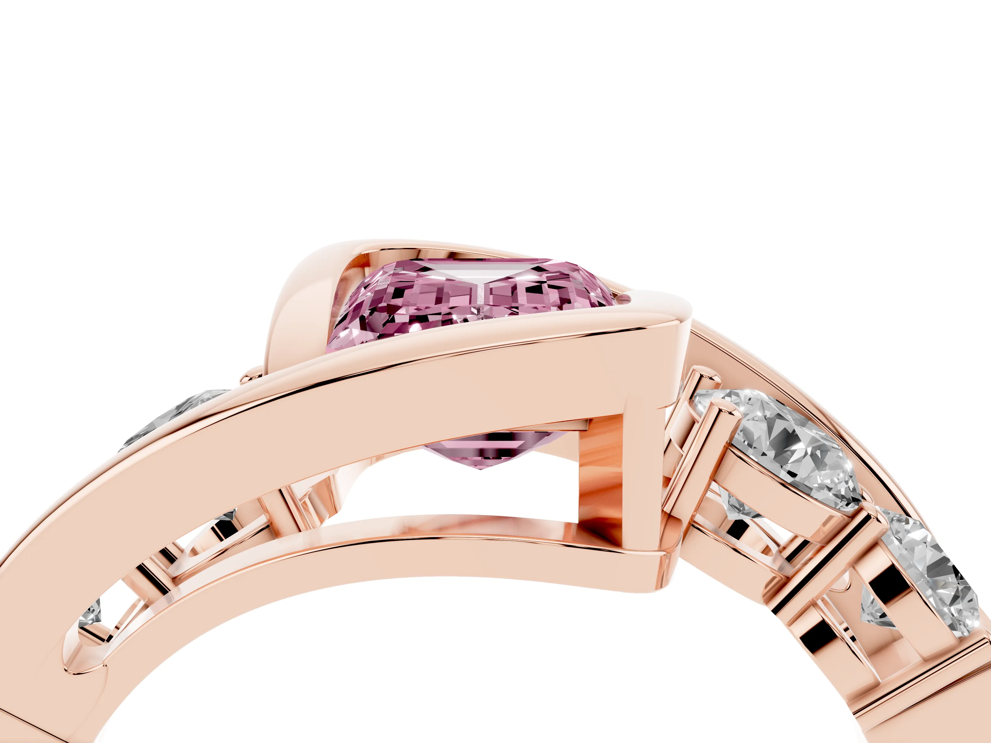 Fancy Pink Emerald Cut Diamond Bezel Bypass Ring Set in Rose gold with Round Accents