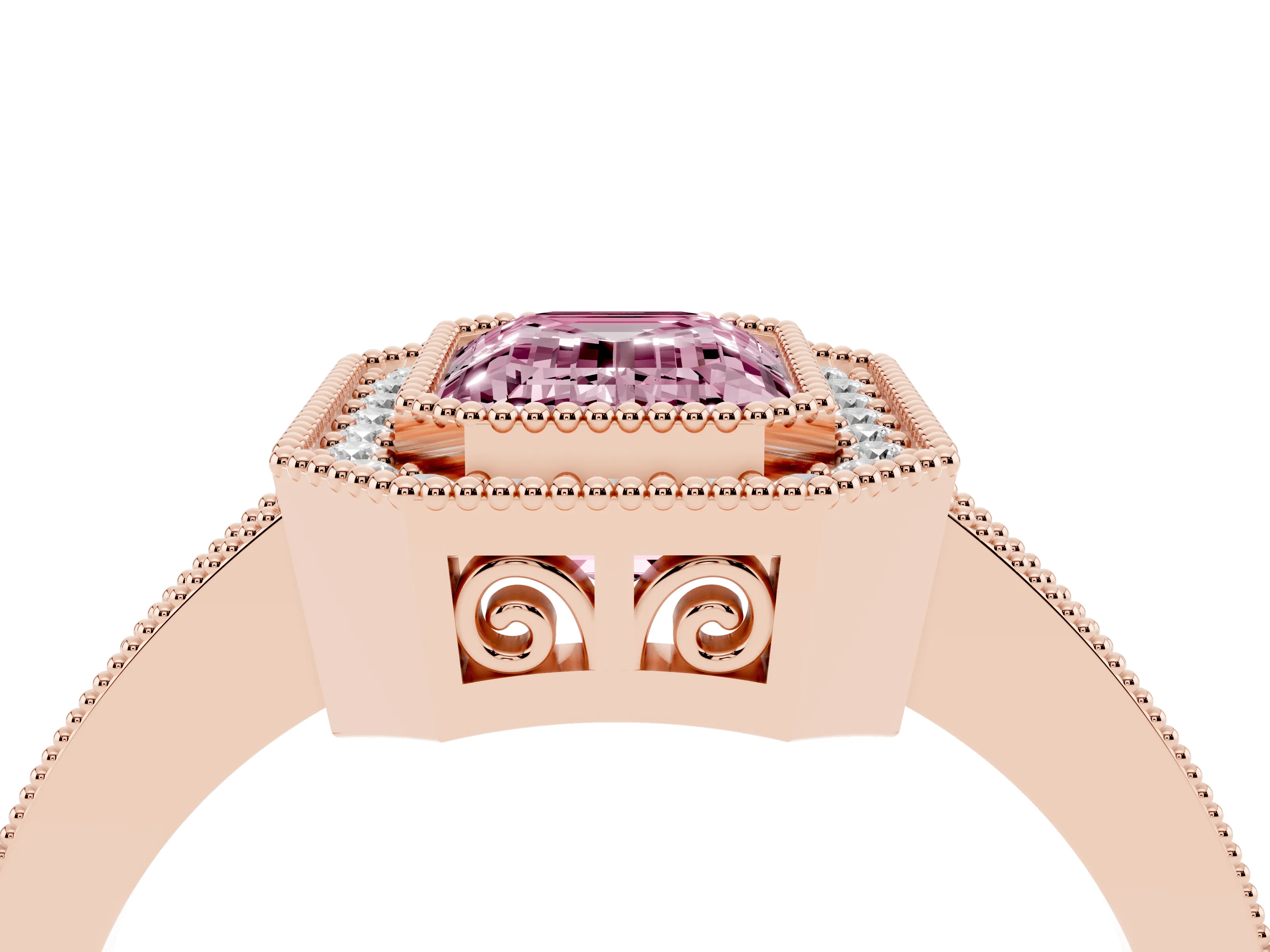 Fancy Pink Emerald Cut Diamond Round Halo Ring Set in Rose gold with Pavé Band