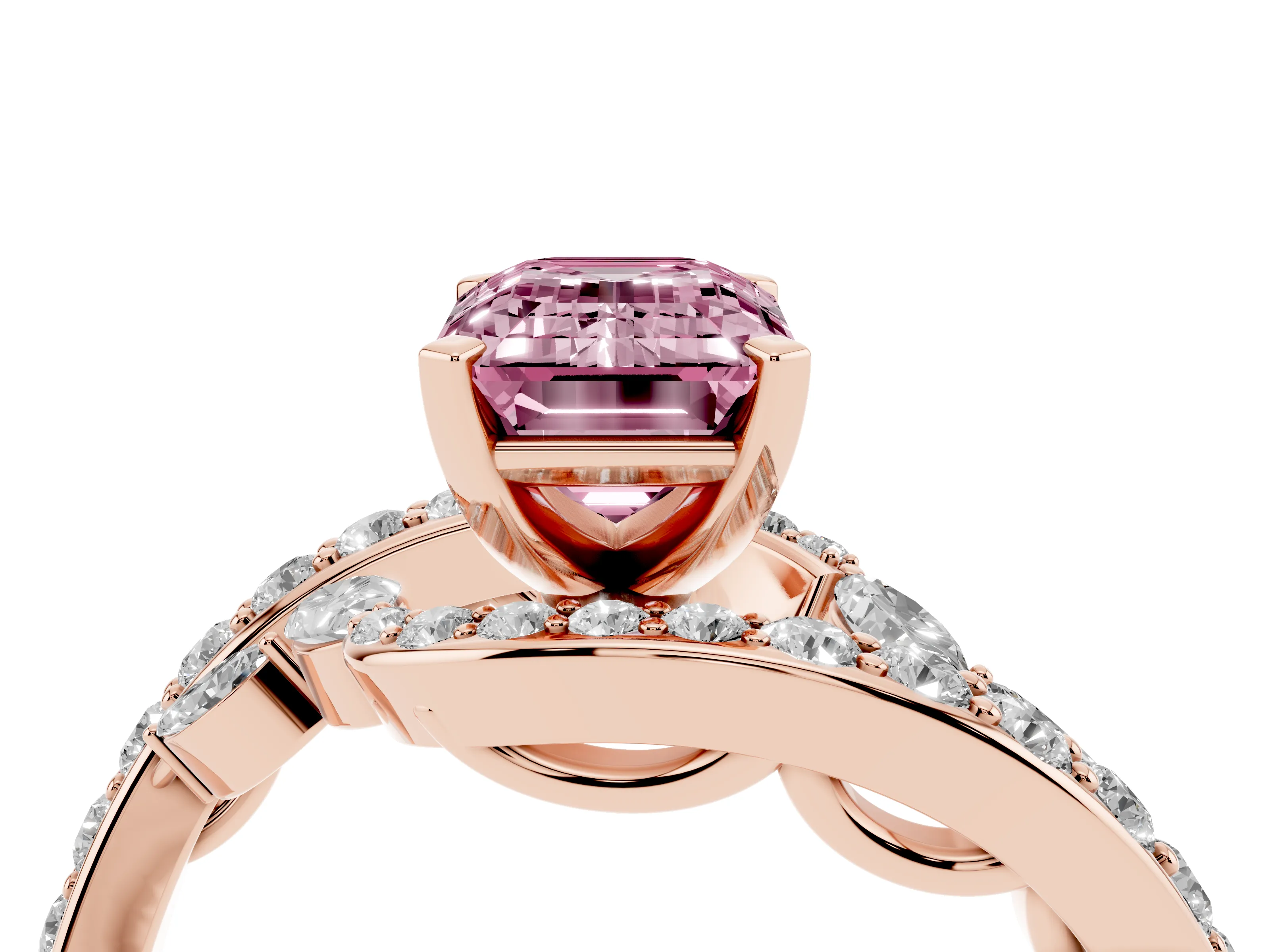 Fancy Pink Emerald Cut Diamond Solitaire Ring Set in Rose gold with Pavé Twist Band and Secure Prong Setting