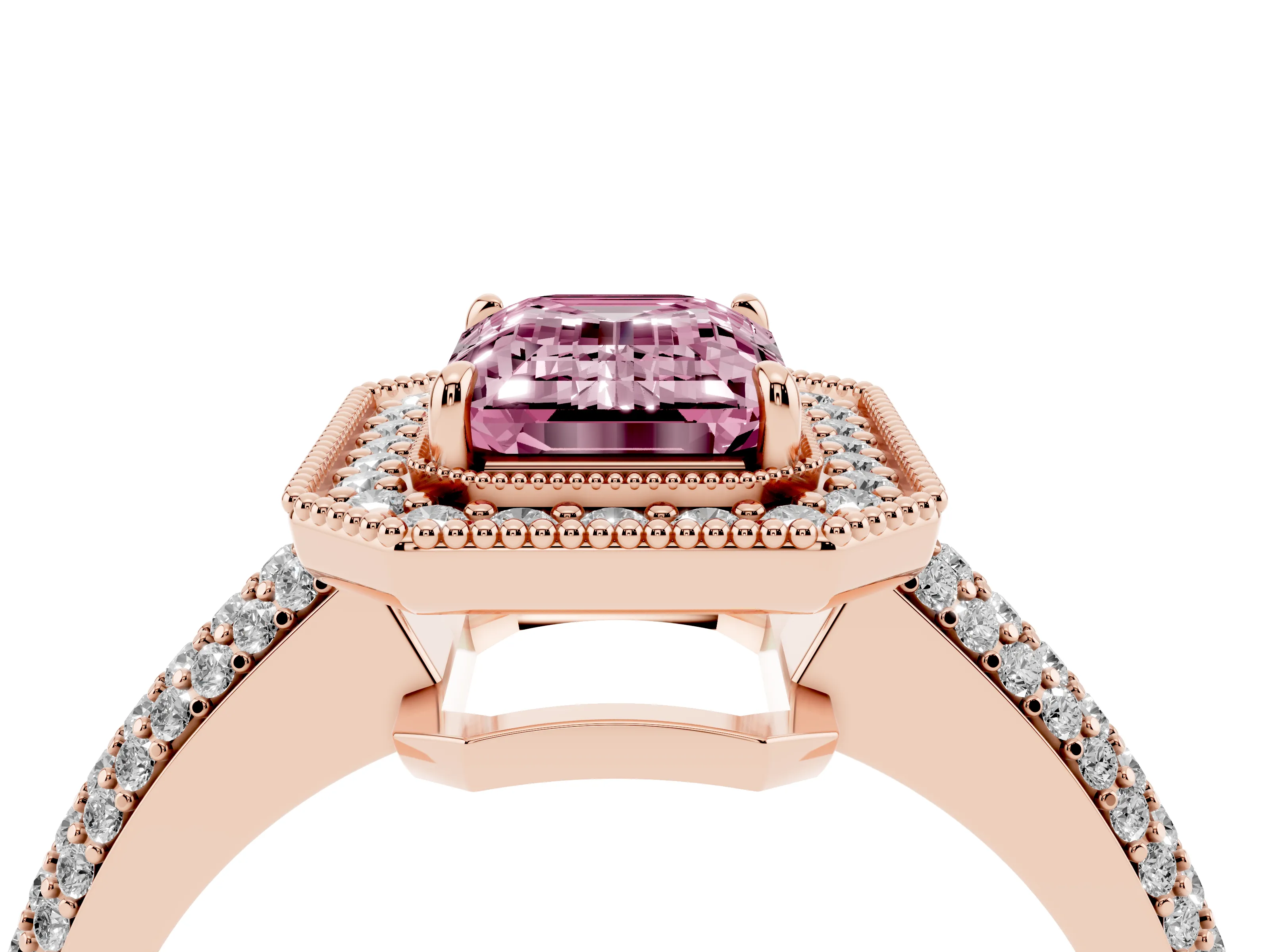 Fancy Pink Emerald Cut Diamond Halo Pavé Band Set in Rose gold with Prong Setting