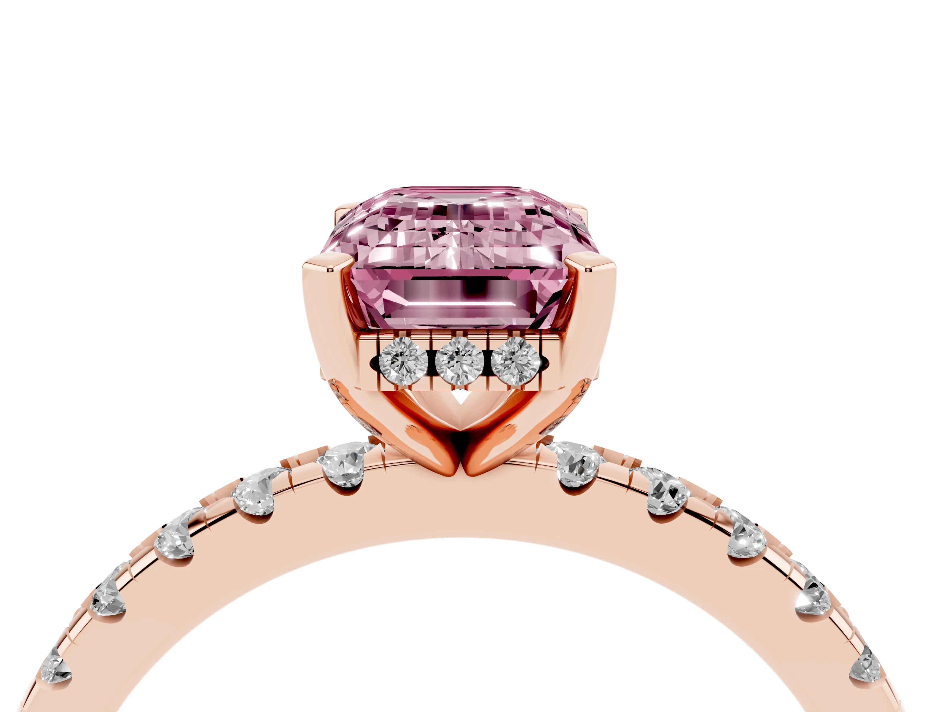 Fancy Pink Emerald Cut Diamond Pavé Solitaire Ring Set in Rose gold with Round Band Accents and Prong Setting
