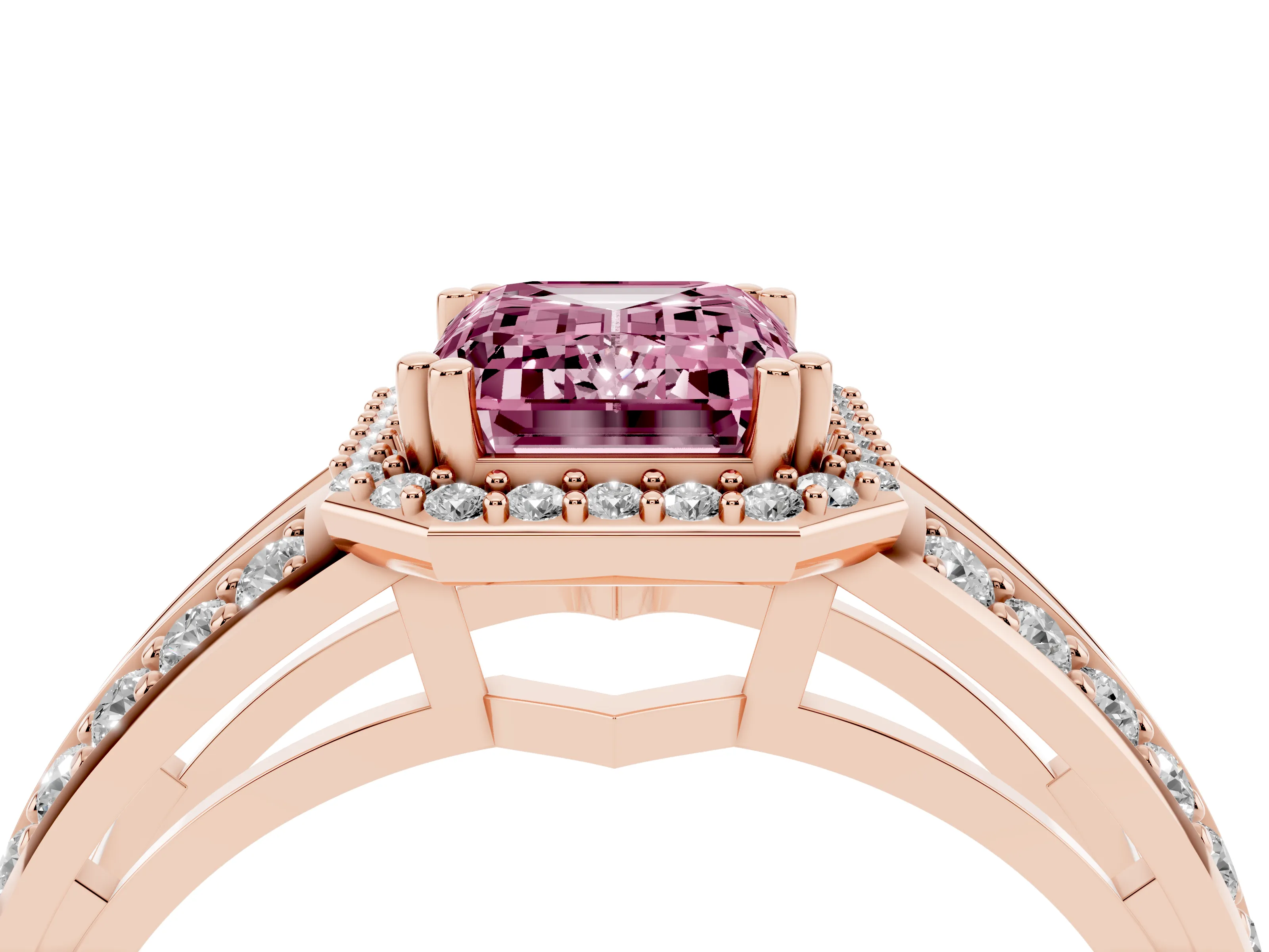 Fancy Pink Emerald Cut Diamond Halo Ring Set in Rose gold with Double Pavé Split Shank