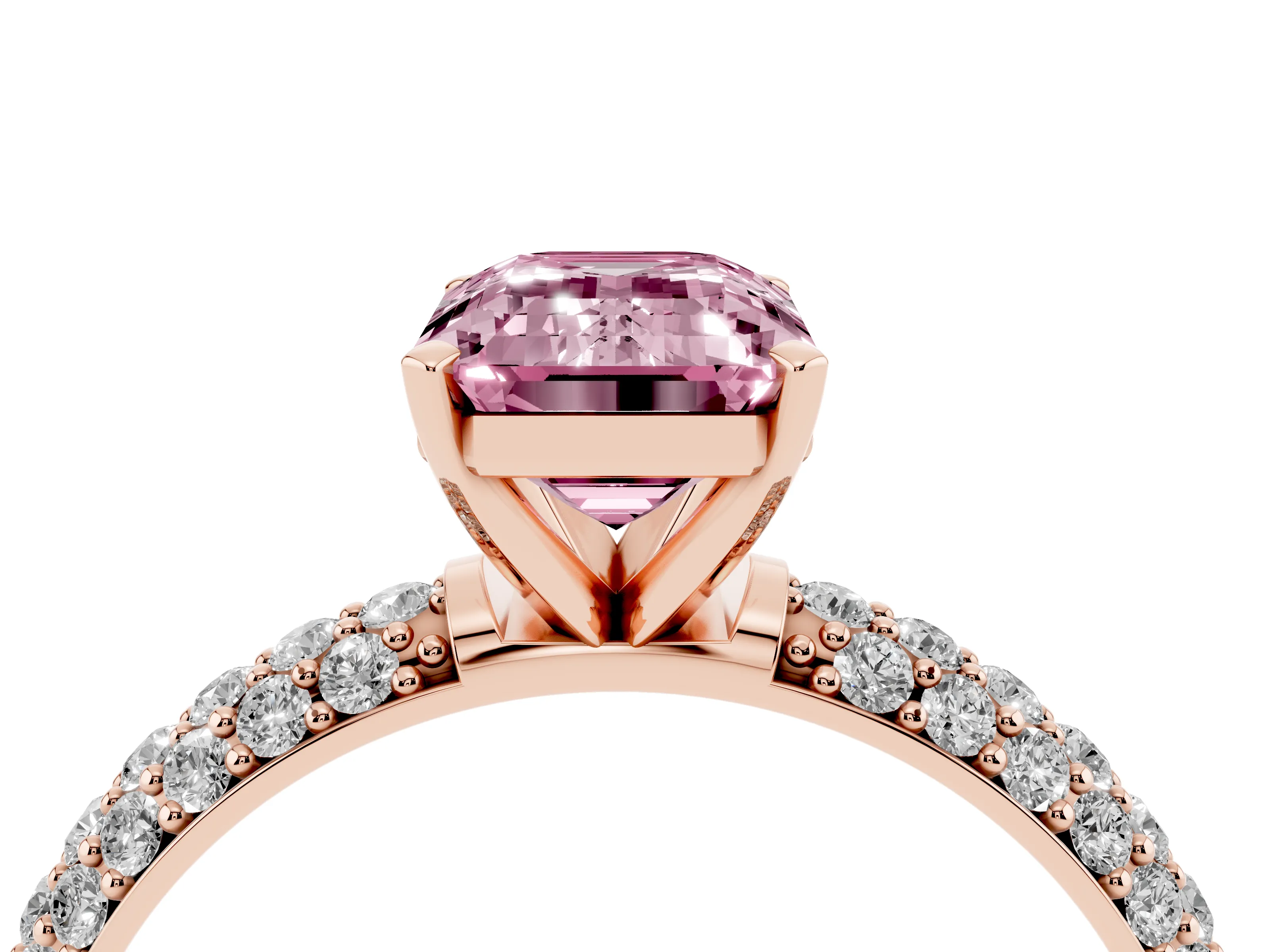 Fancy Pink Emerald Cut Diamond Solitaire Ring Set in Rose gold with Prong Setting and Pavé-Set Band
