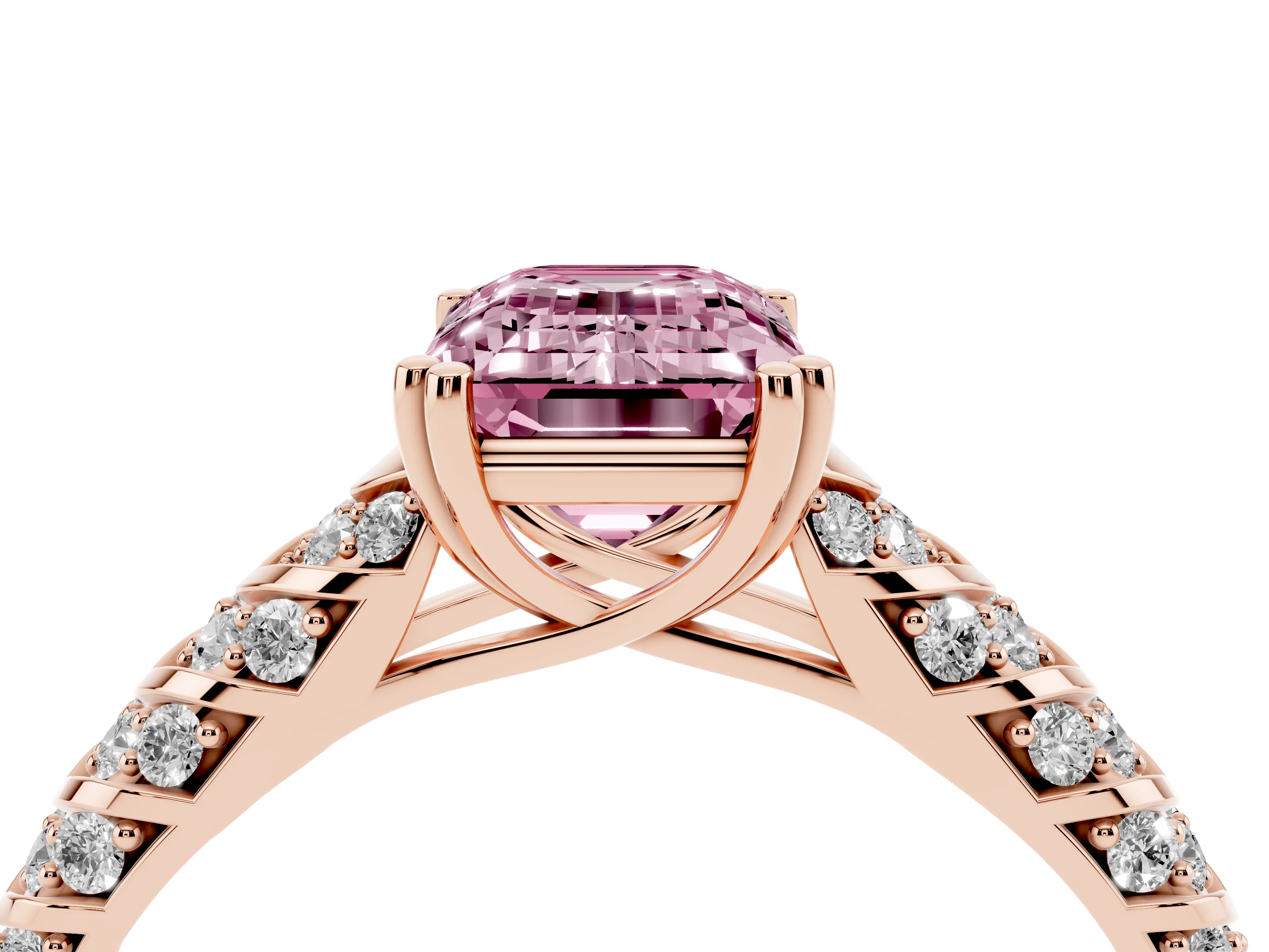 Fancy Pink Emerald Cut Diamond Solitaire Chevron Pavé Engagement Ring Set in Rose gold with Prong Setting