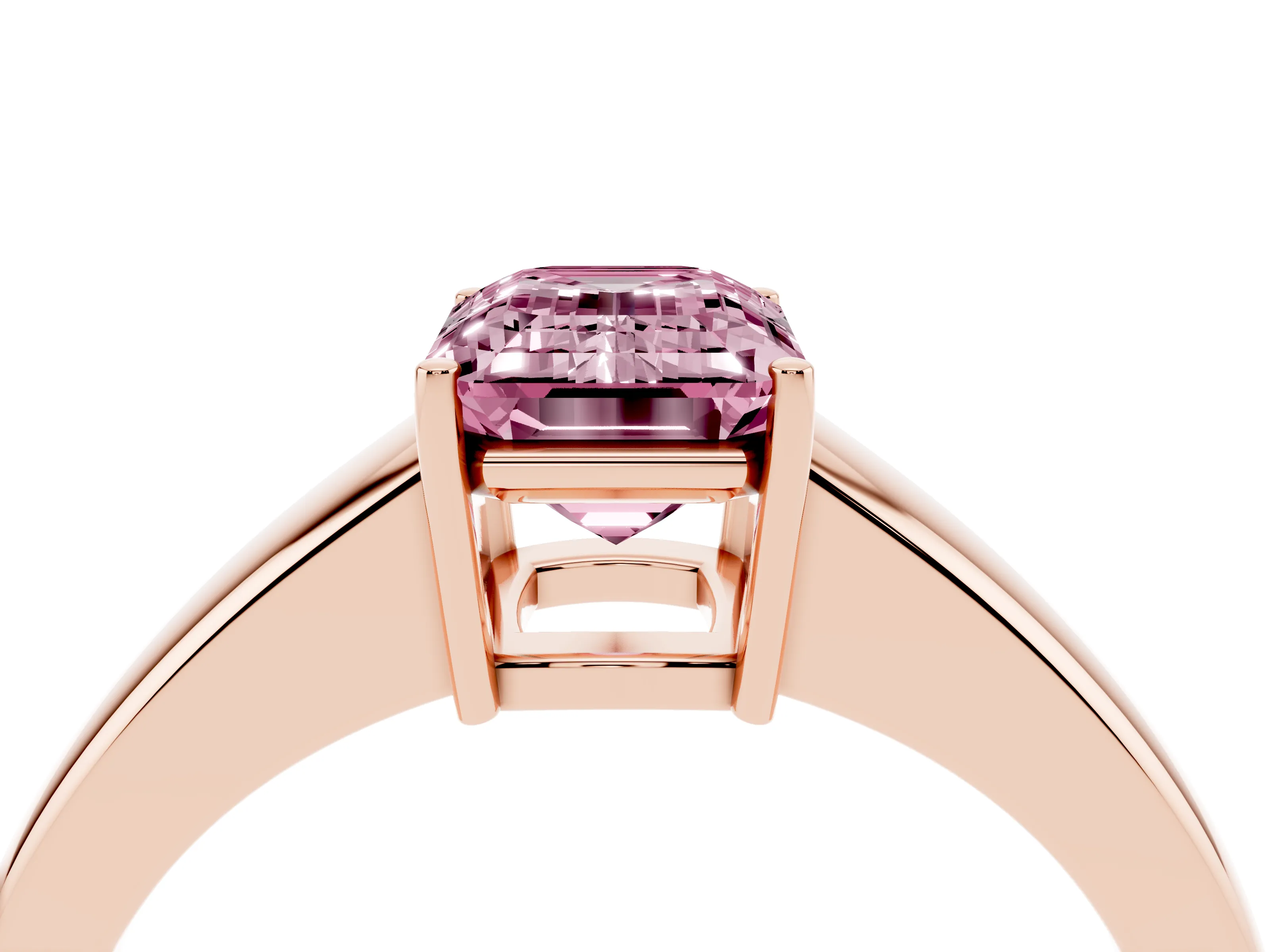 Fancy Pink Emerald Cut Diamond Solitaire Ring Set in Rose gold with Tapered Band and Prong Setting