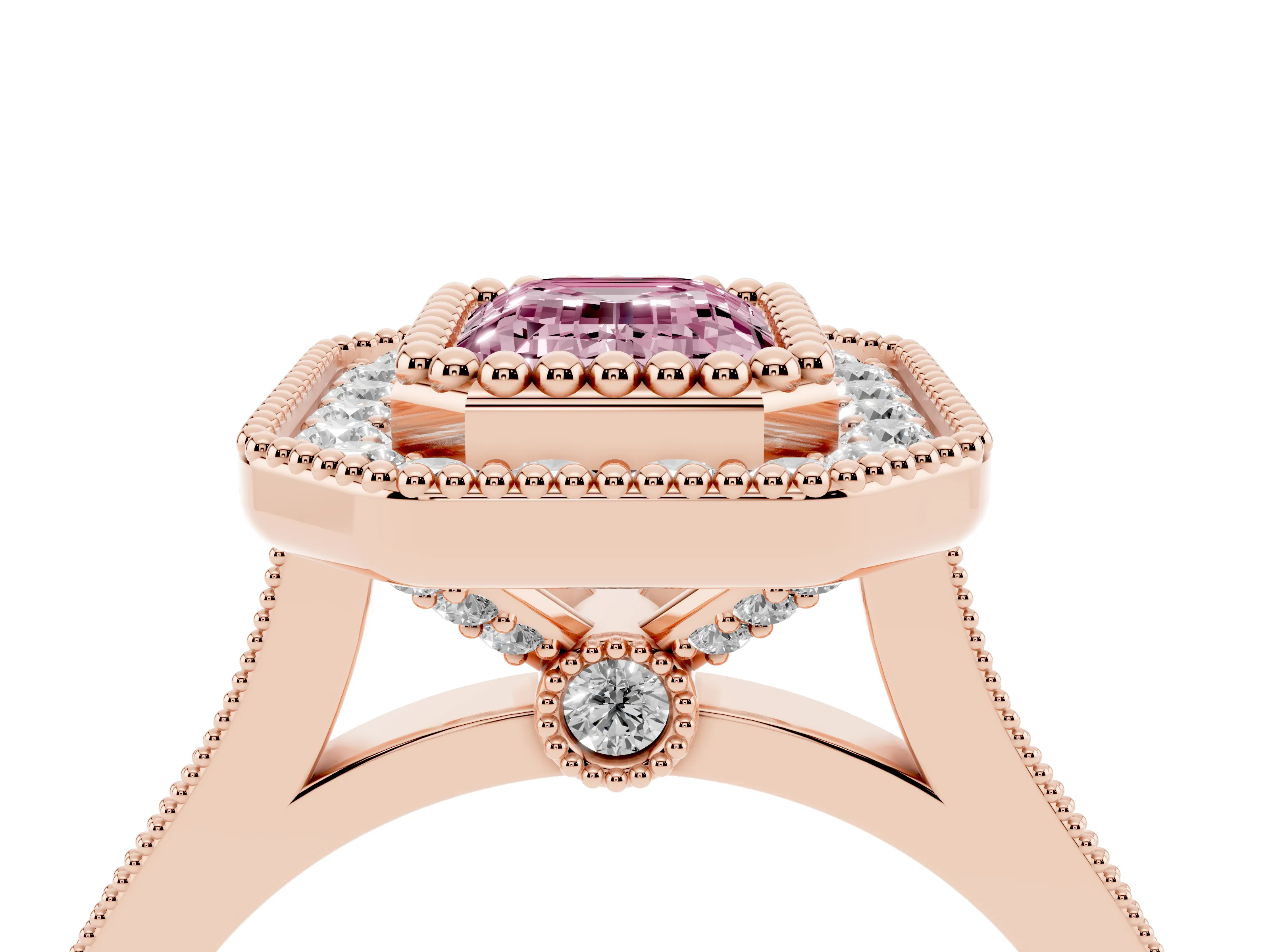 Fancy Pink Emerald Cut Diamond Halo Ring Set in Rose gold with Milgrain Frame and Pavé Band