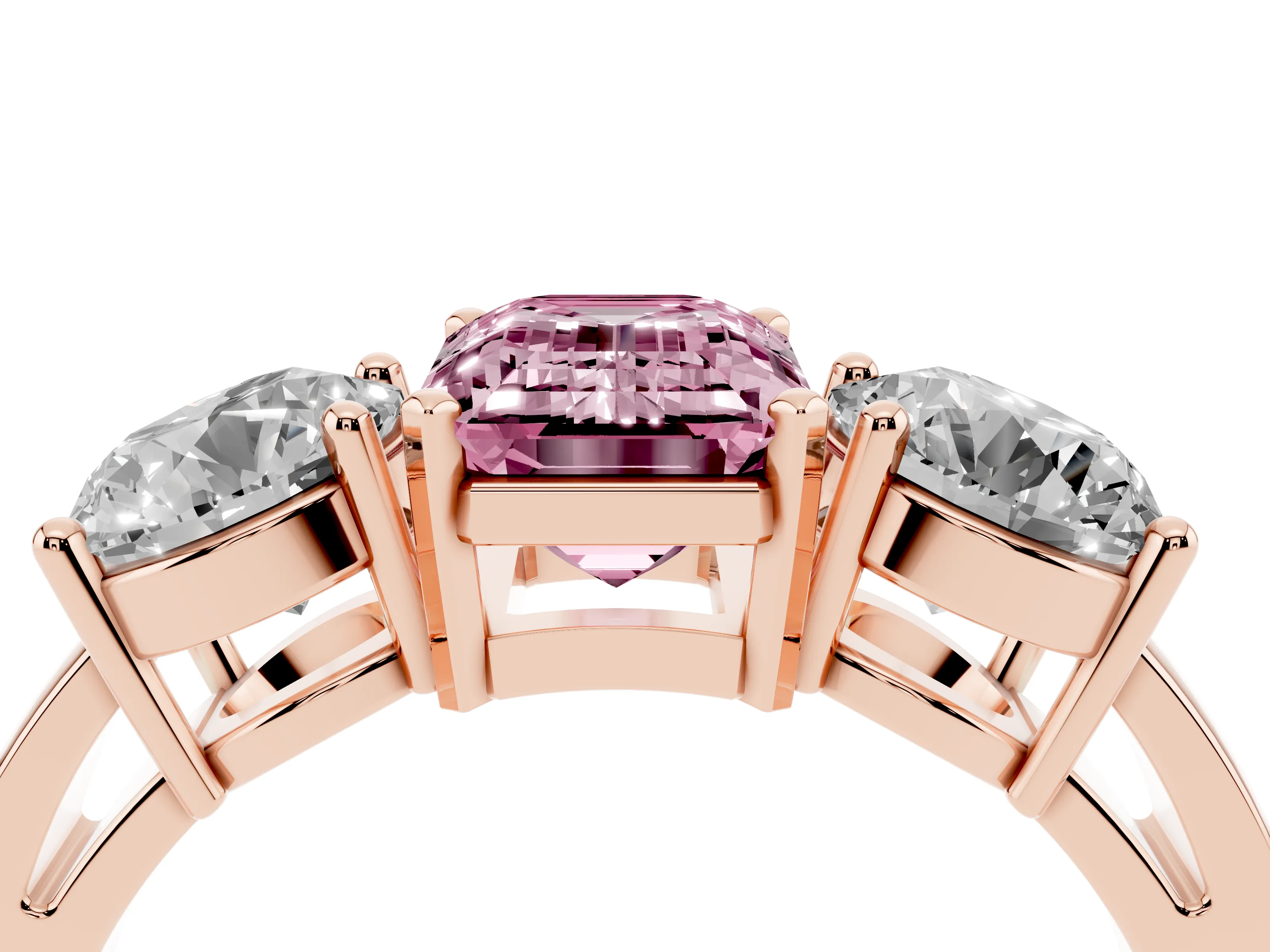 Fancy Pink Emerald Cut Diamond Three-Stone Ring Set in Rose gold with Round Side Stones and Classic Band