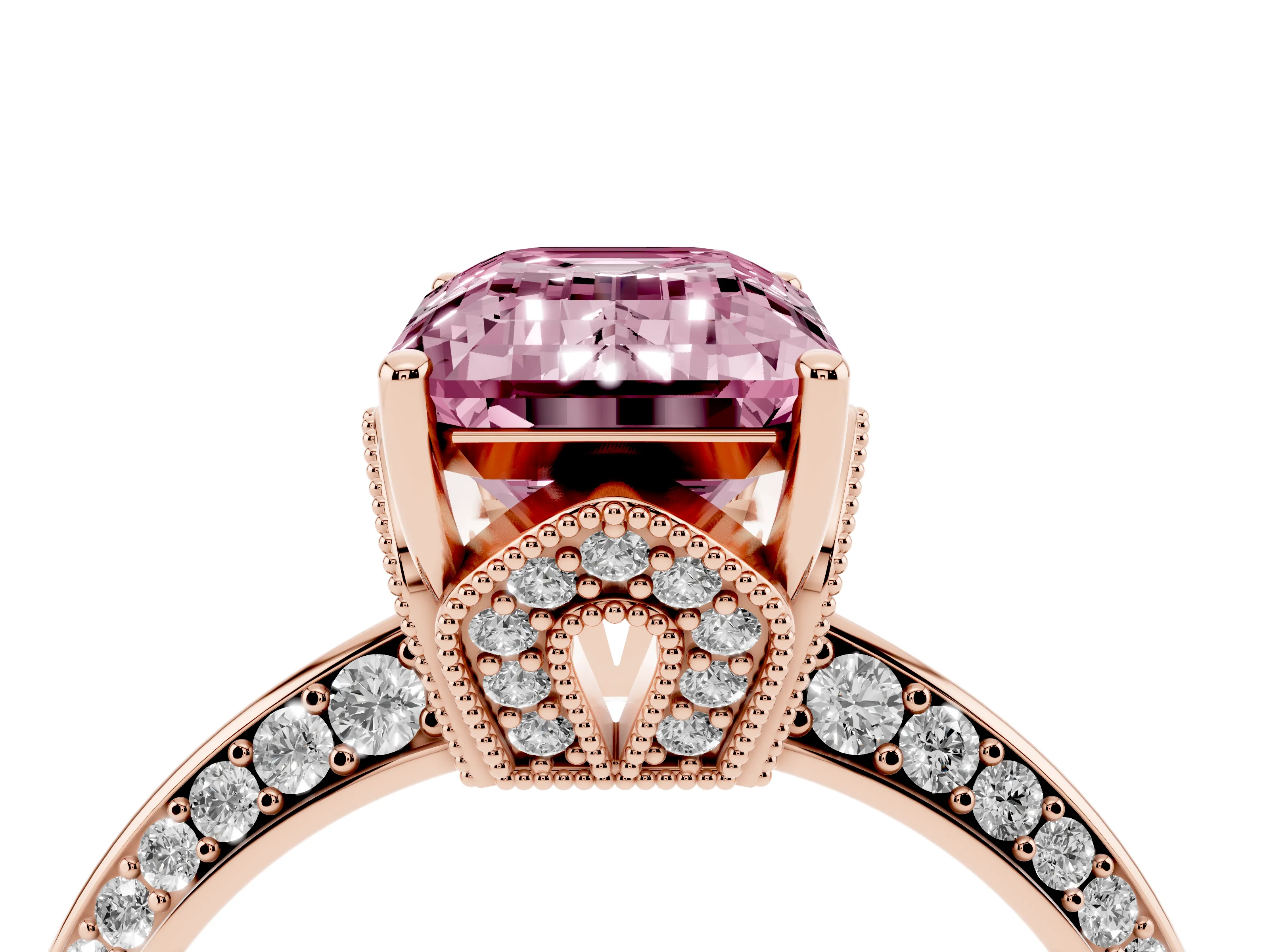 Fancy Pink Emerald Cut Diamond Solitaire Engagement Ring Set in Rose gold with Pavé Split Shank and Prong Setting