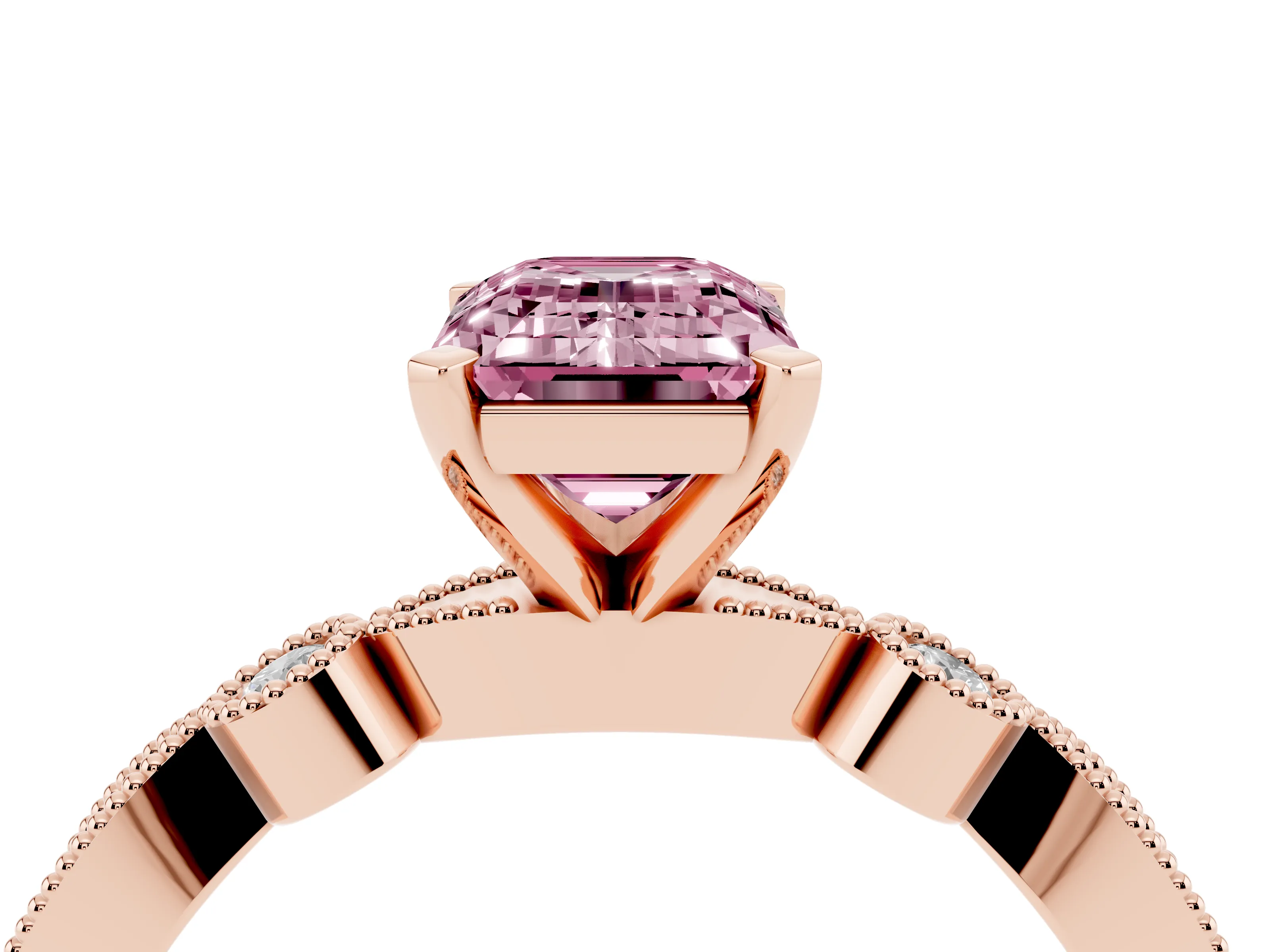 Fancy Pink Emerald Cut Diamond Solitaire Engagement Ring Set in Rose gold with Milgrain Bezel Accent Band