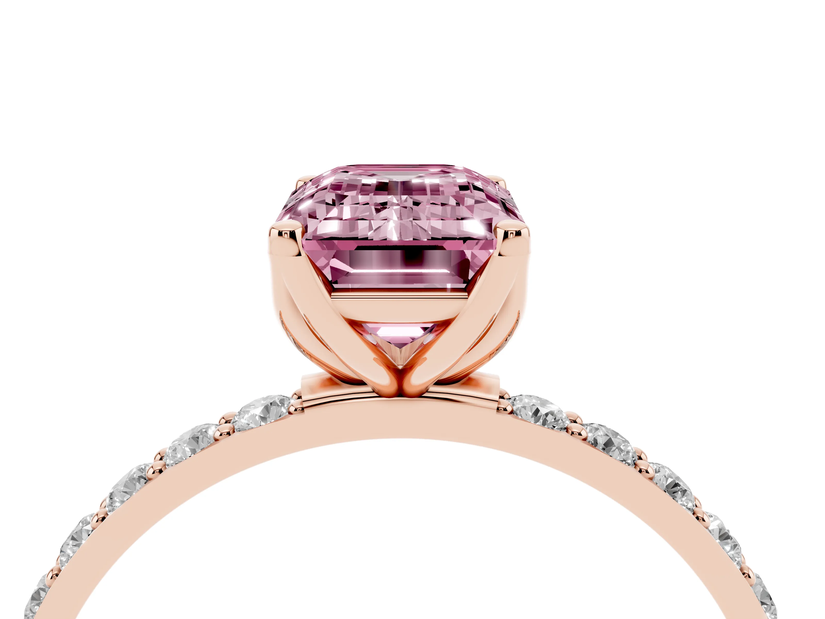 Fancy Pink Emerald Cut Diamond Solitaire Engagement Ring Set in Rose gold with Round Pavé Band and Prong Setting