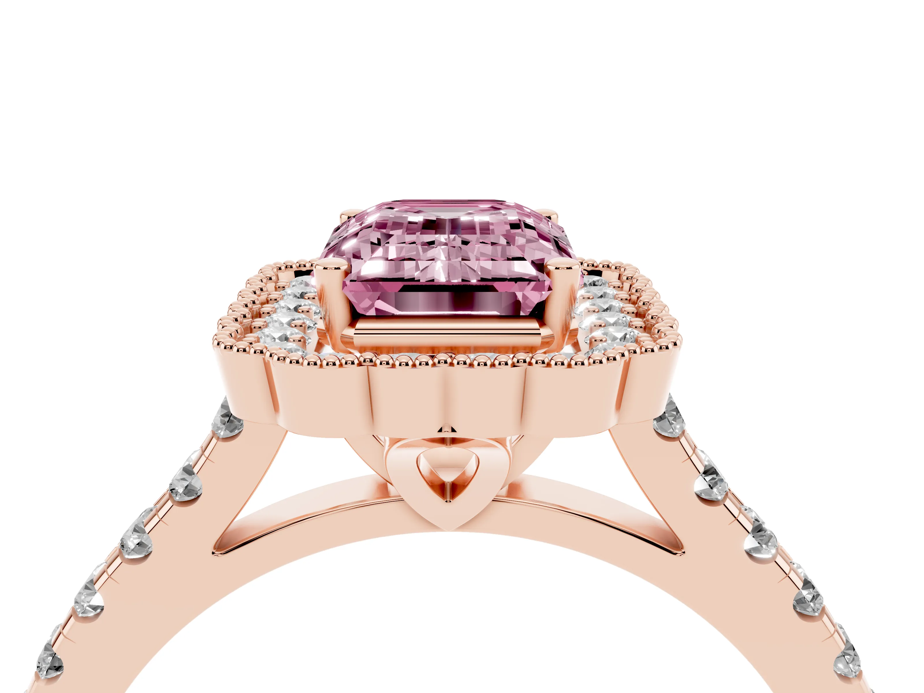 Fancy Pink Emerald Cut Diamond Milgrain Floral Halo Engagement Ring Set in Rose gold with Pavé Band