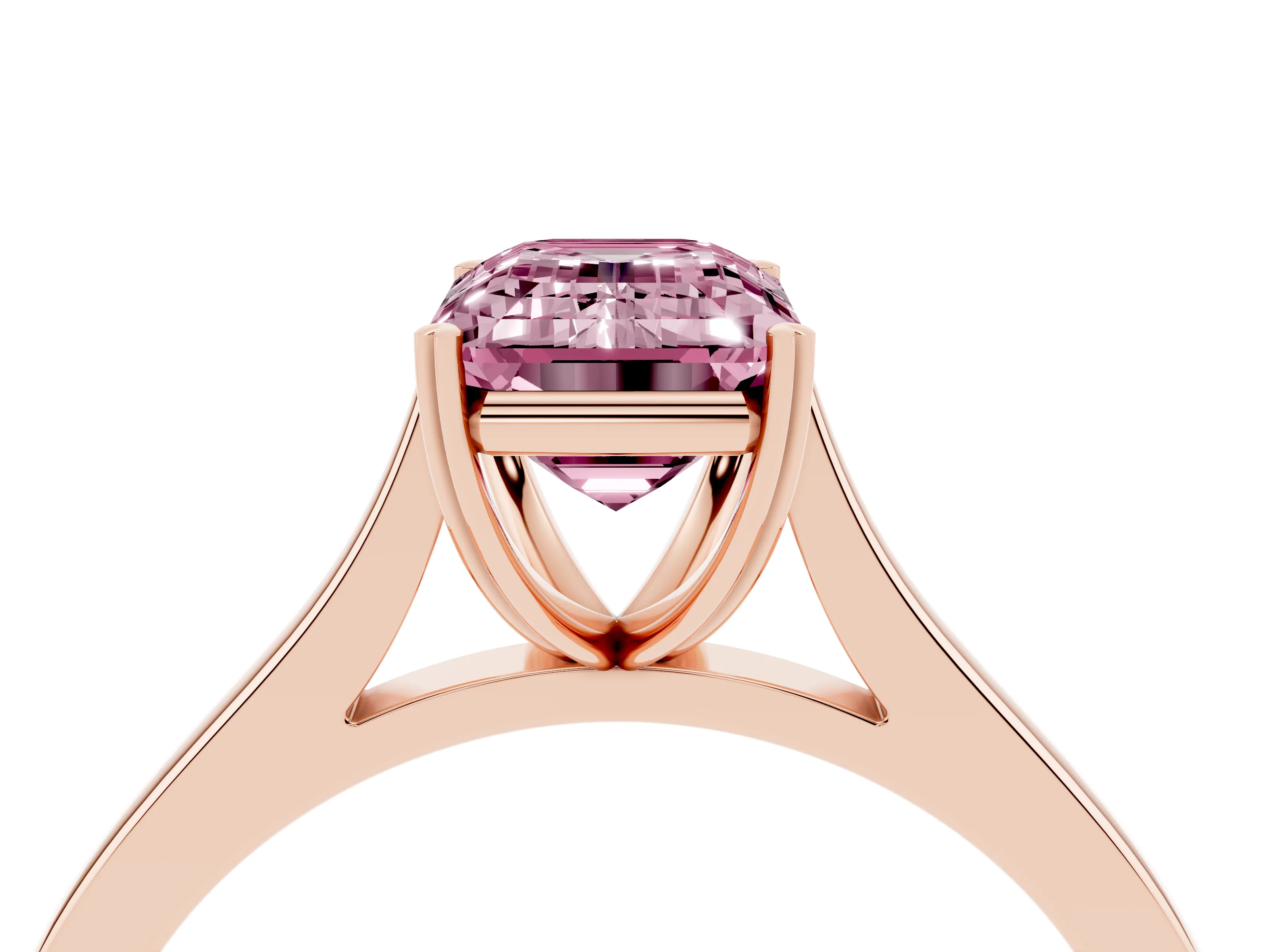 Fancy Pink Emerald Cut Diamond Solitaire Heart Prong Engagement Ring Set in Rose gold with Tapered Band