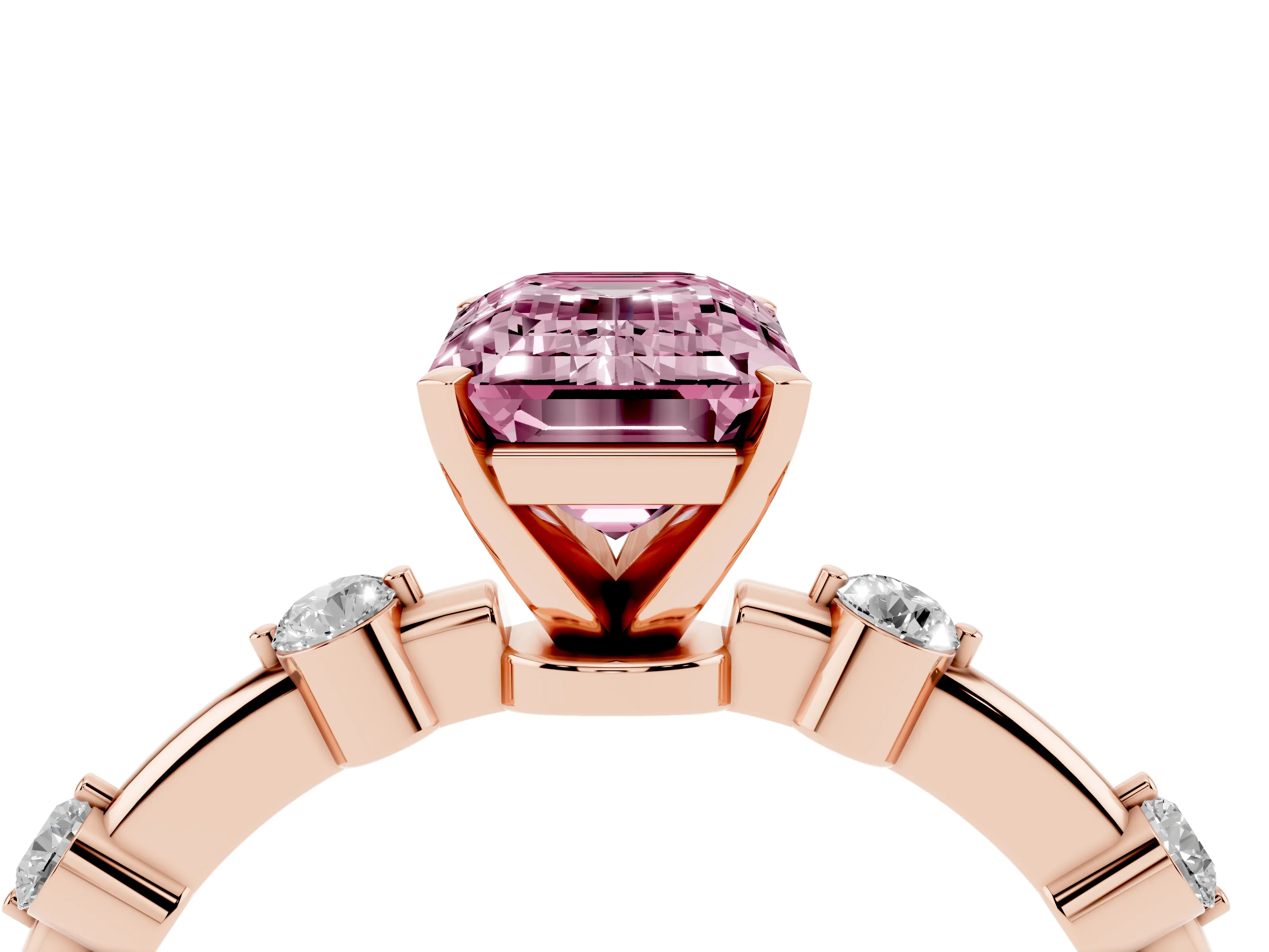 Fancy Pink Emerald Cut Diamond Solitaire Ring Set in Rose gold with Bezel Set Side Stones and Prong Setting