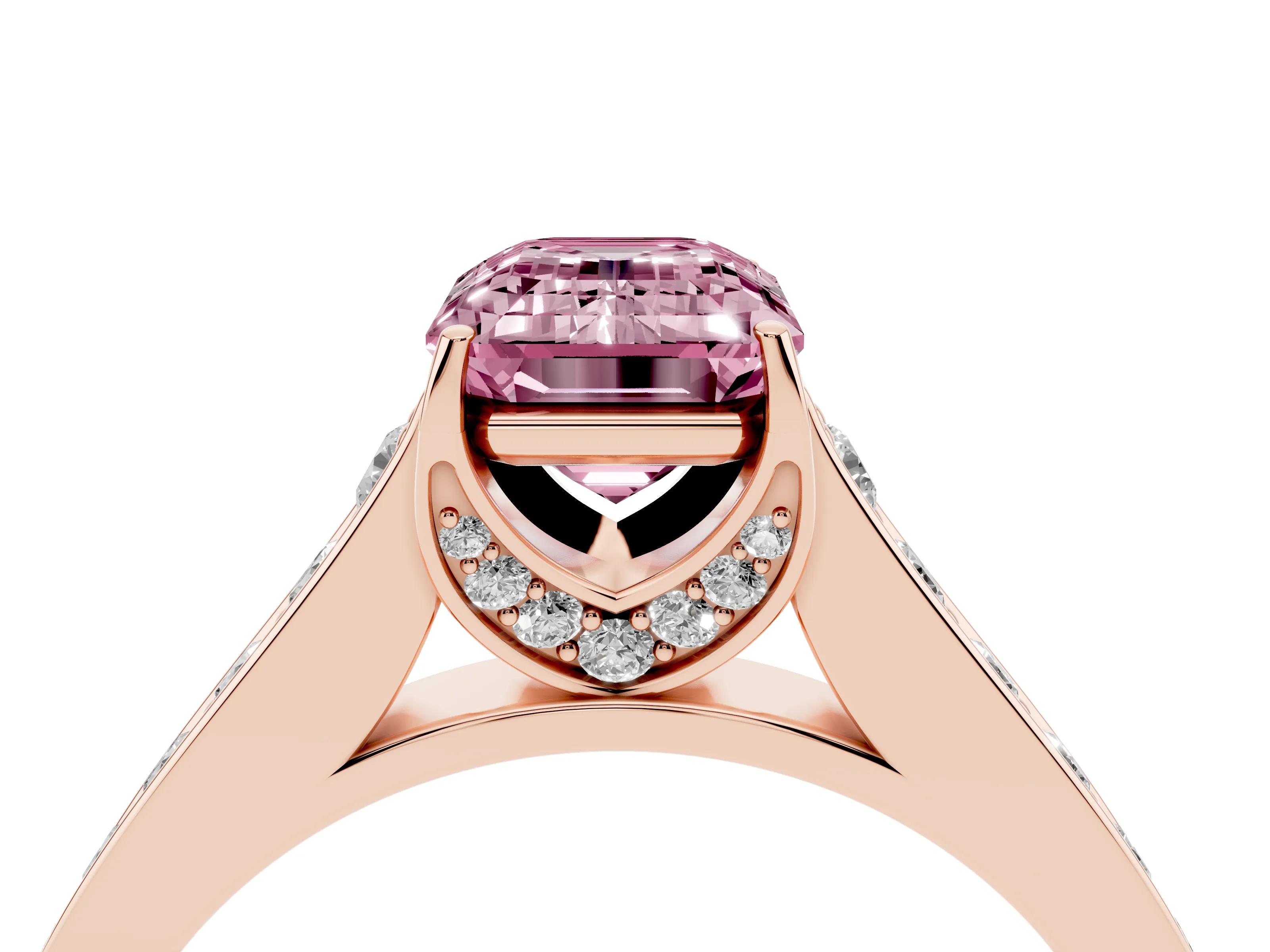 Fancy Pink Emerald Cut Diamond Solitaire Pavé Engagement Ring Set in Rose gold with Prong Setting